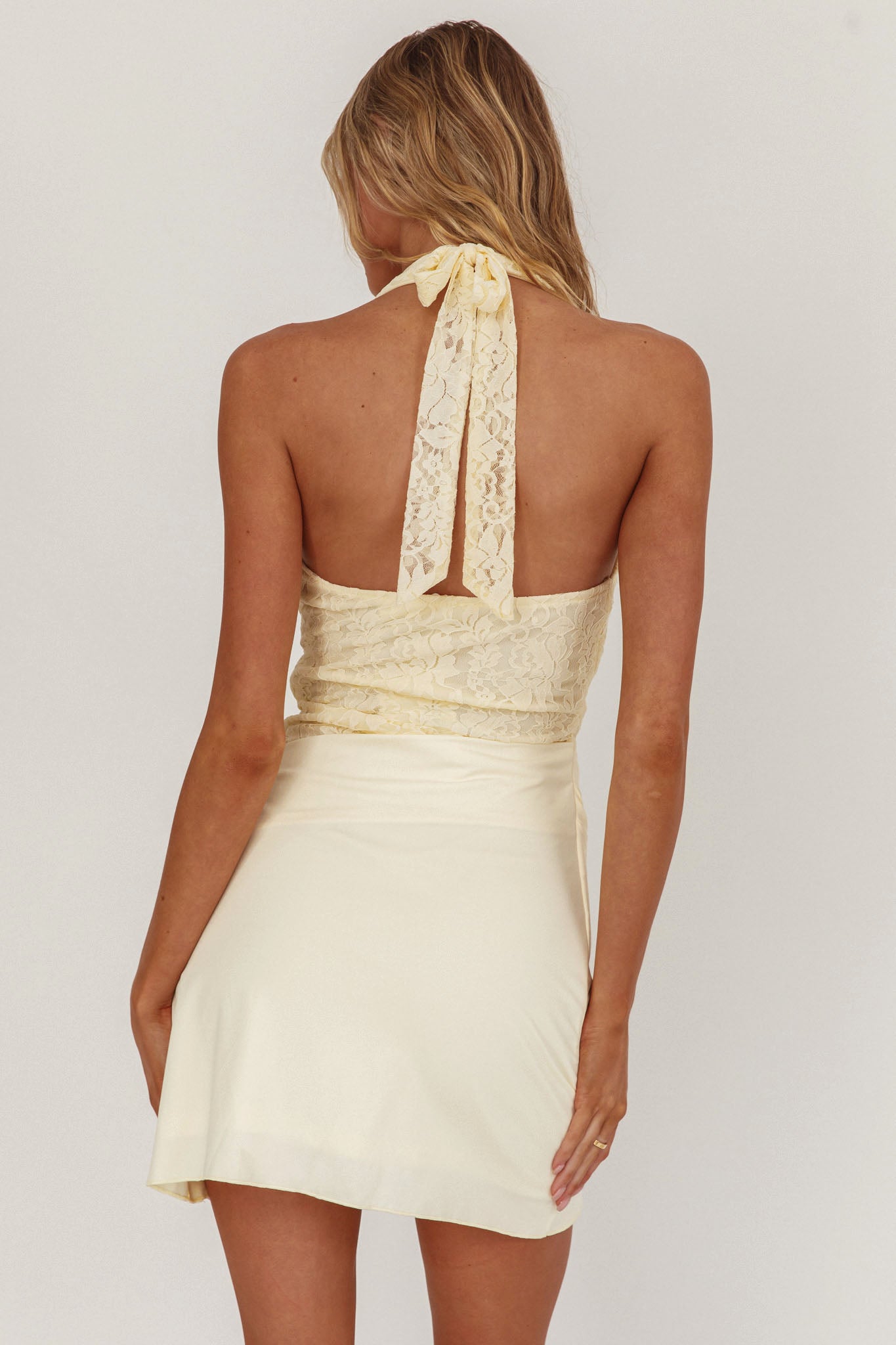 Summerland Lace Bodice Halter Mini Dress Butter - L Summerland Lace Bodice Halter Mini Dress Butter - L