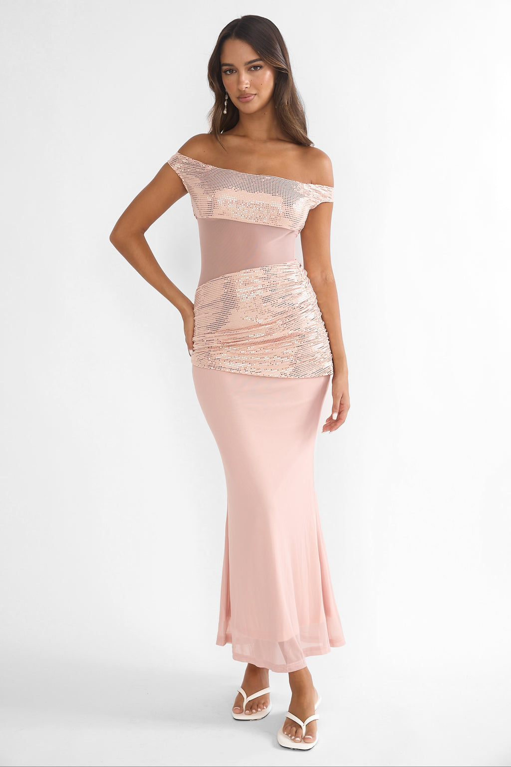 Bellora Off-Shoulder Sequin Trim Maxi Dress Nude by Selfie Leslie