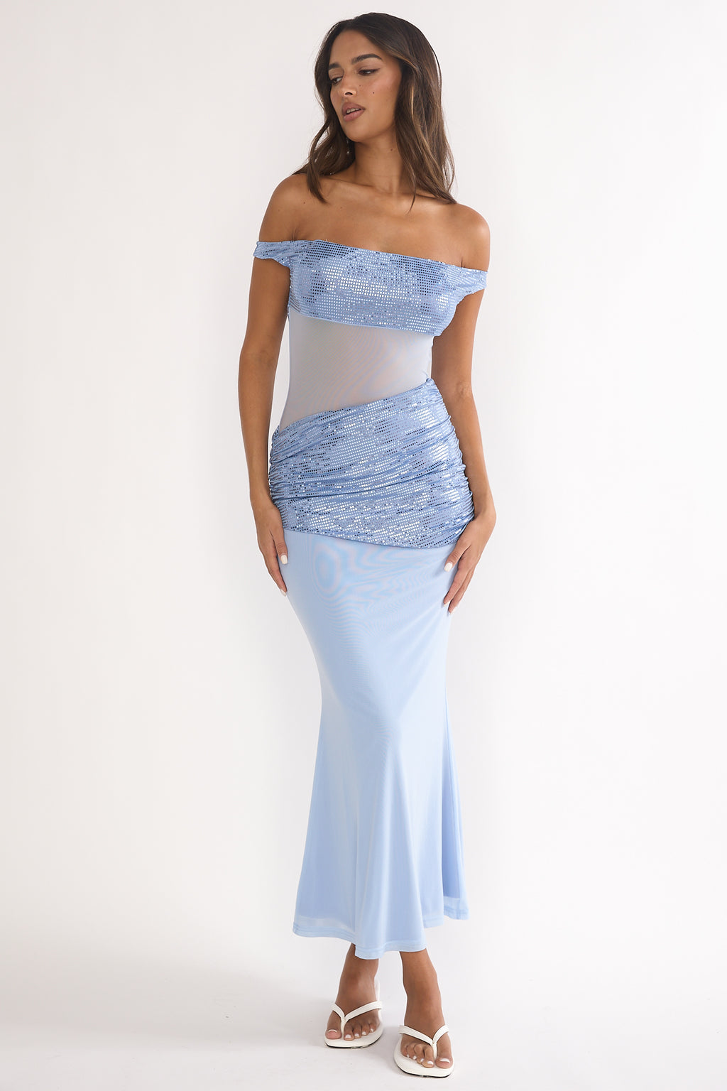Bellora Off-Shoulder Sequin Trim Maxi Dress Blue by Selfie Leslie
