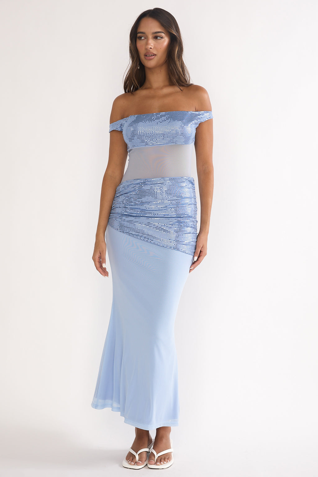 Bellora Off-Shoulder Sequin Trim Maxi Dress Blue by Selfie Leslie