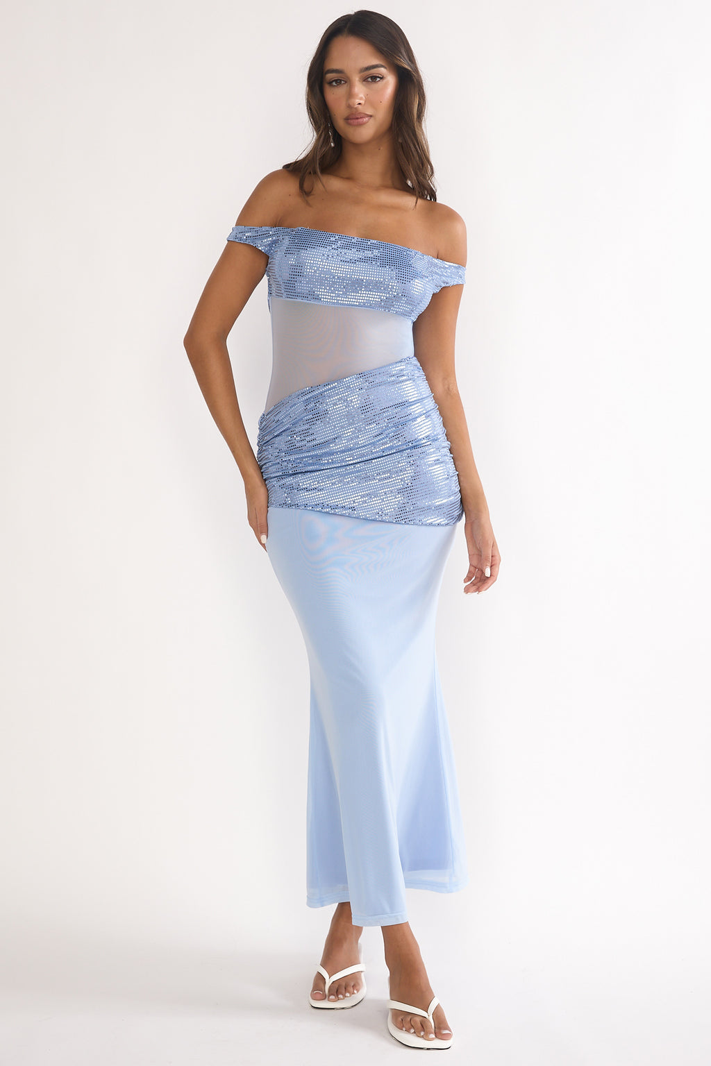 Bellora Off-Shoulder Sequin Trim Maxi Dress Blue by Selfie Leslie