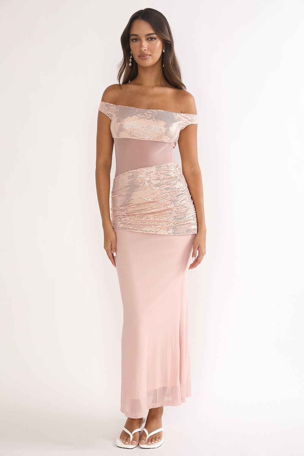 Bellora Off-Shoulder Sequin Trim Maxi Dress Nude by Selfie Leslie