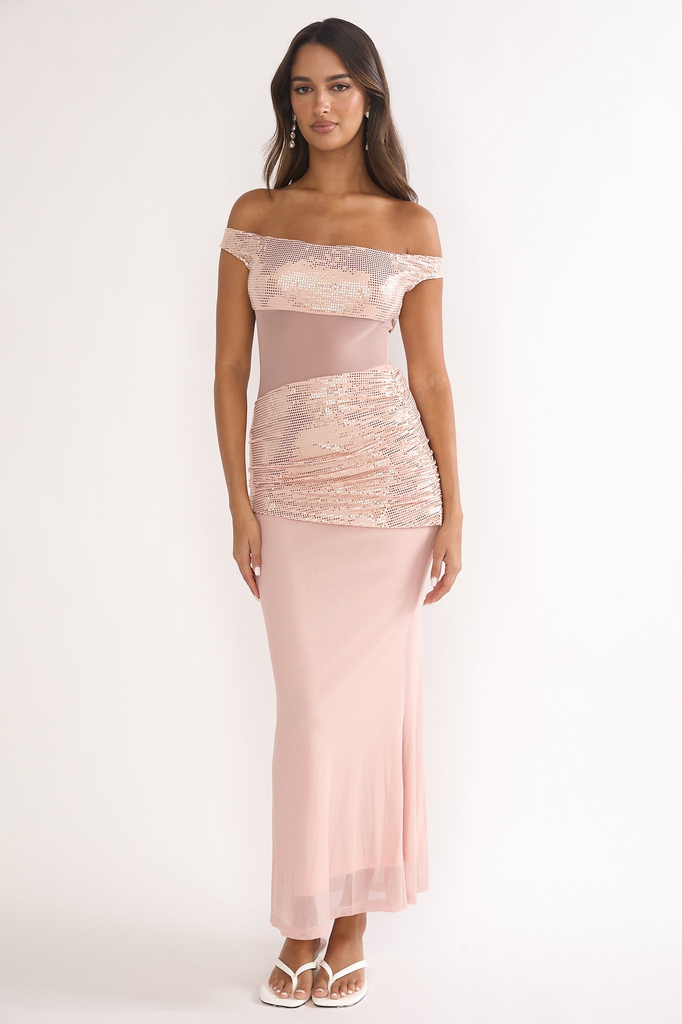 Bellora Off-Shoulder Sequin Trim Maxi Dress Nude by Selfie Leslie