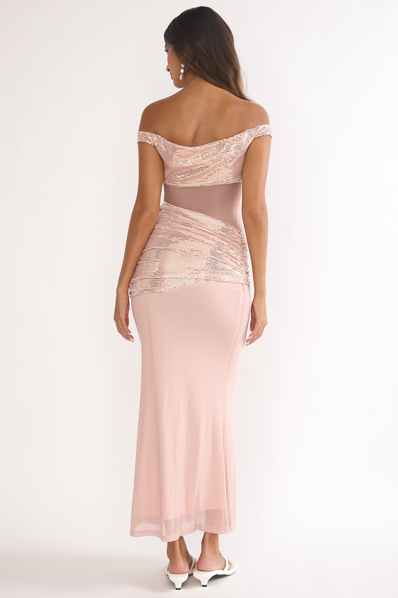 Bellora Off-Shoulder Sequin Trim Maxi Dress Nude by Selfie Leslie
