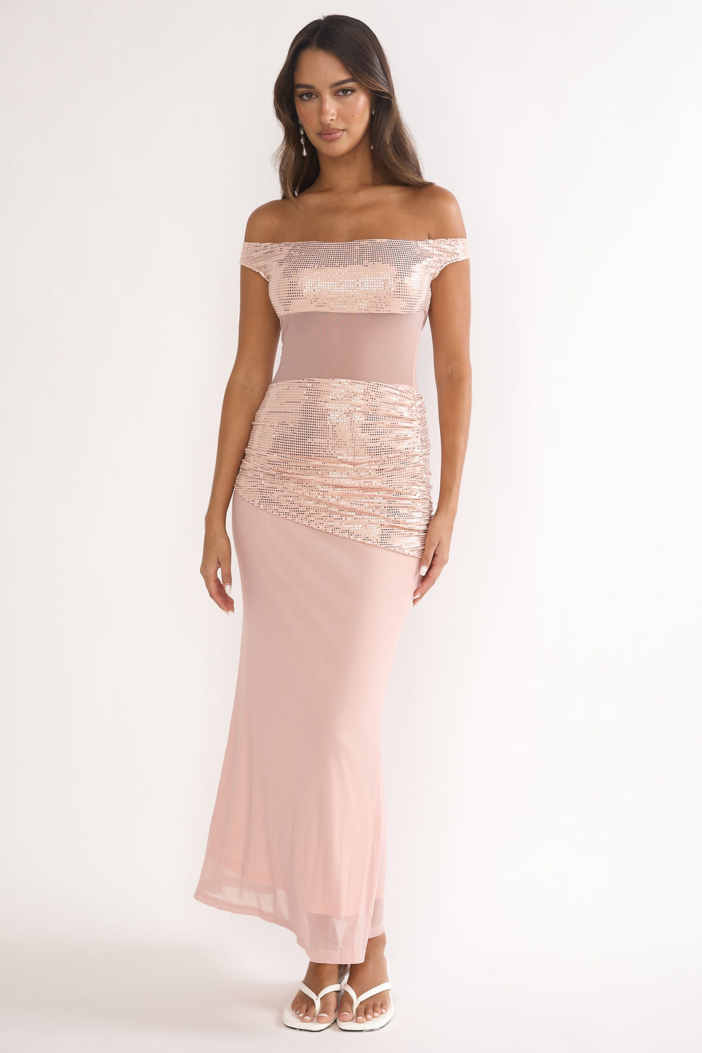 Bellora Off-Shoulder Sequin Trim Maxi Dress Nude by Selfie Leslie