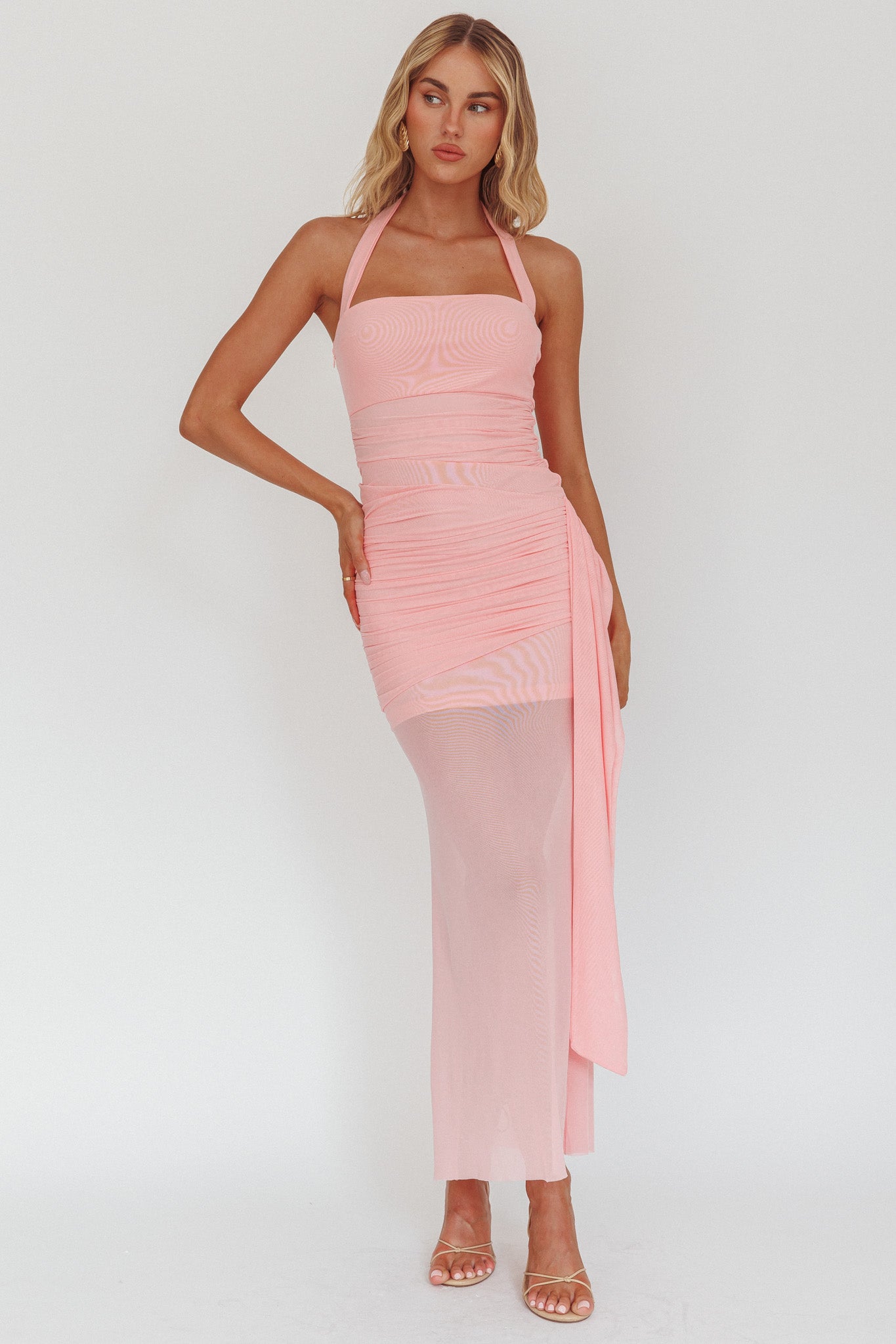 Rebekkah Halterneck Side Sash Maxi Dress Pink by Selfie Leslie