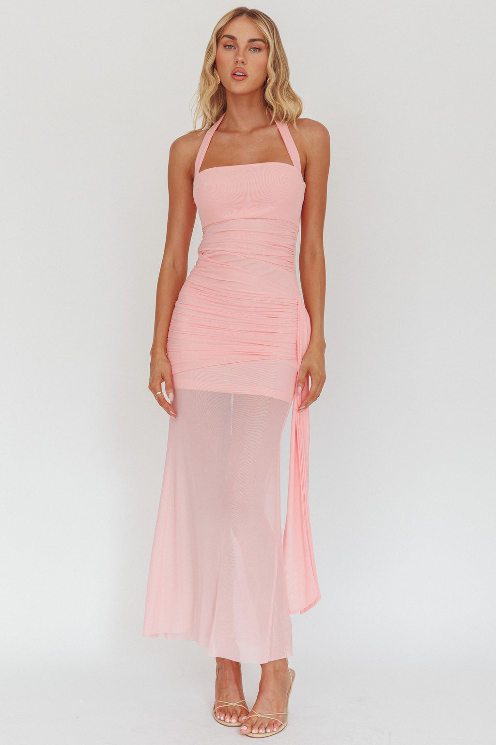 Rebekkah Halterneck Side Sash Maxi Dress Pink by Selfie Leslie