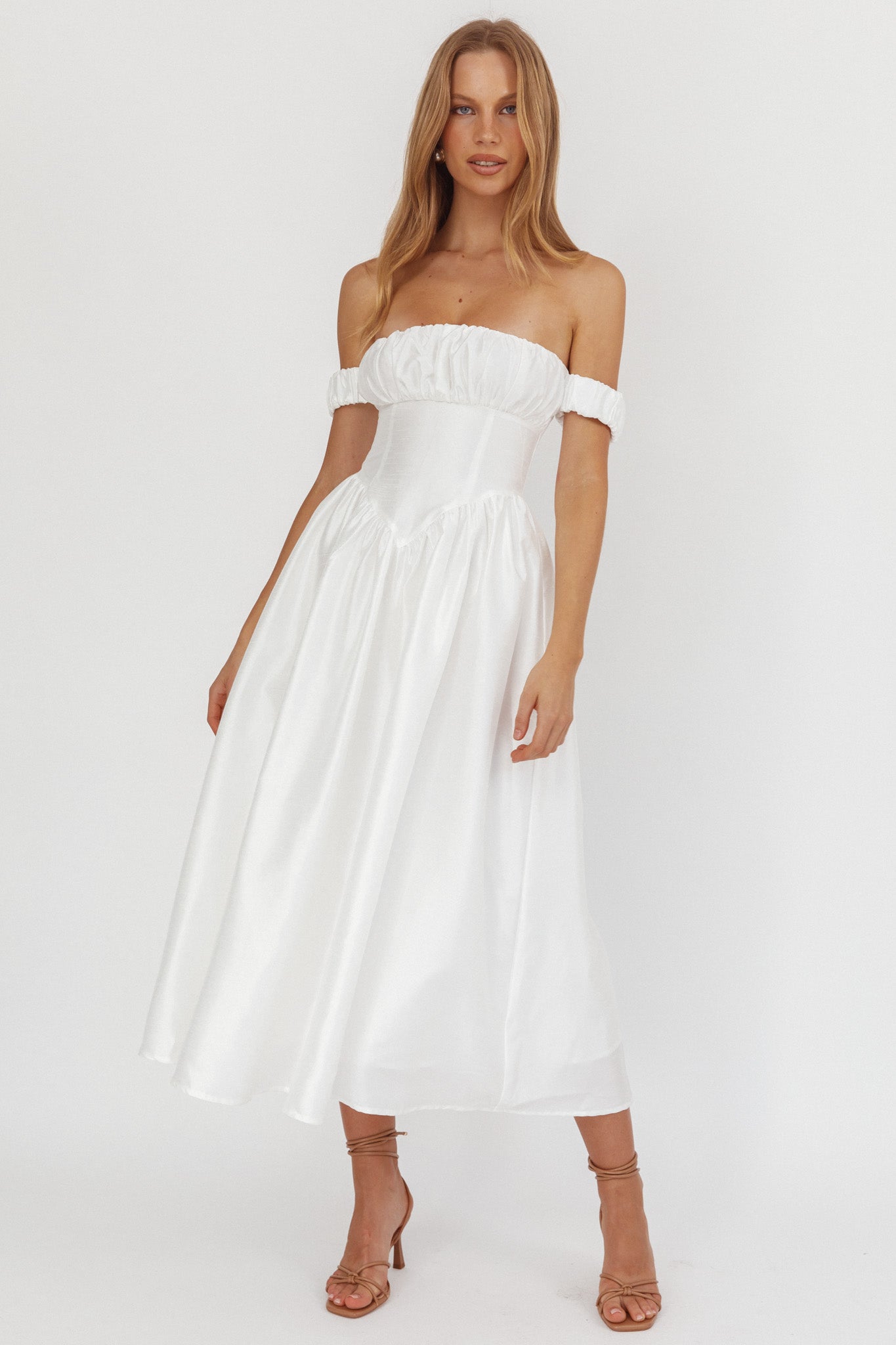 Heavens Above Off-Shoulder Basque Waist Midi Dress Ivory S Heavens Above Off-Shoulder Basque Waist Midi Dress Ivory S