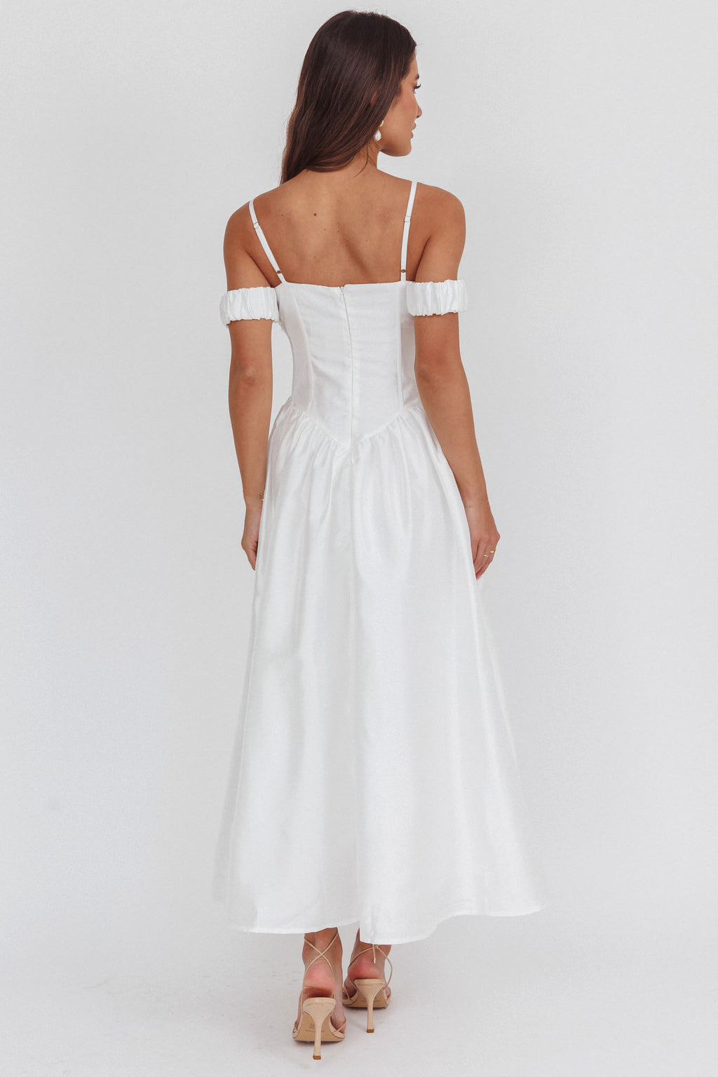 Heavens Above Off-Shoulder Basque Waist Midi Dress Ivory– Selfie Leslie