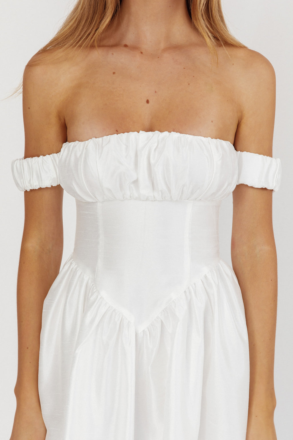 Heavens Above Off-Shoulder Basque Waist Midi Dress Ivory– Selfie Leslie