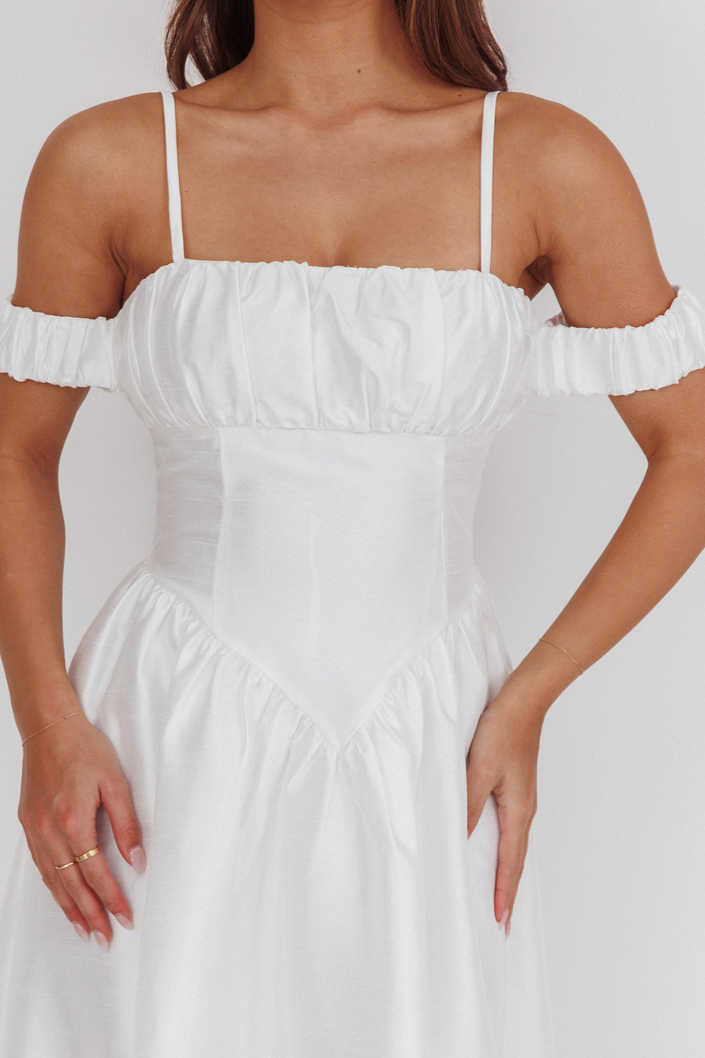 Heavens Above Off-Shoulder Basque Waist Midi Dress Ivory– Selfie Leslie