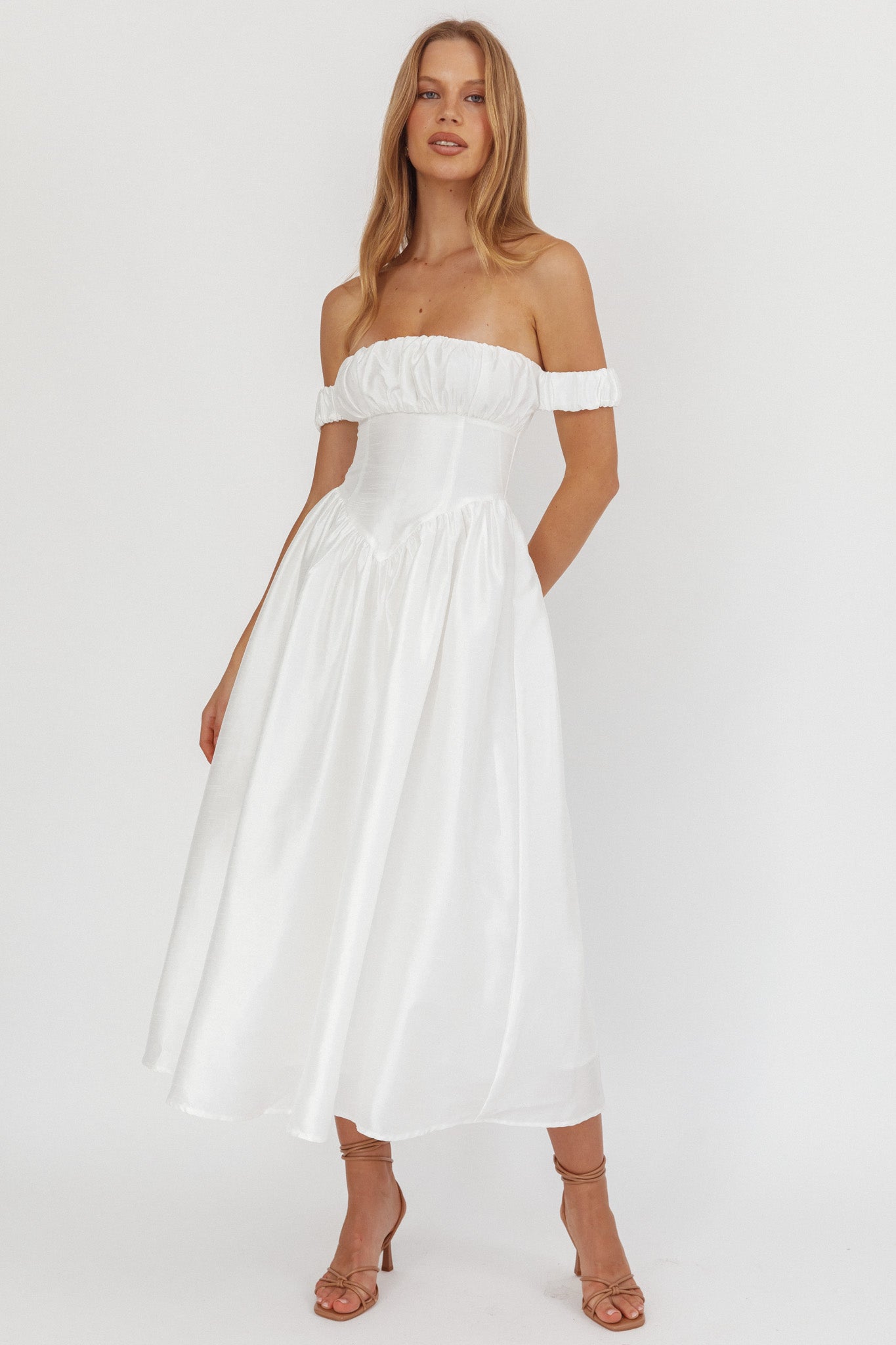 Heavens Above Off-Shoulder Basque Waist Midi Dress Ivory S Heavens Above Off-Shoulder Basque Waist Midi Dress Ivory S