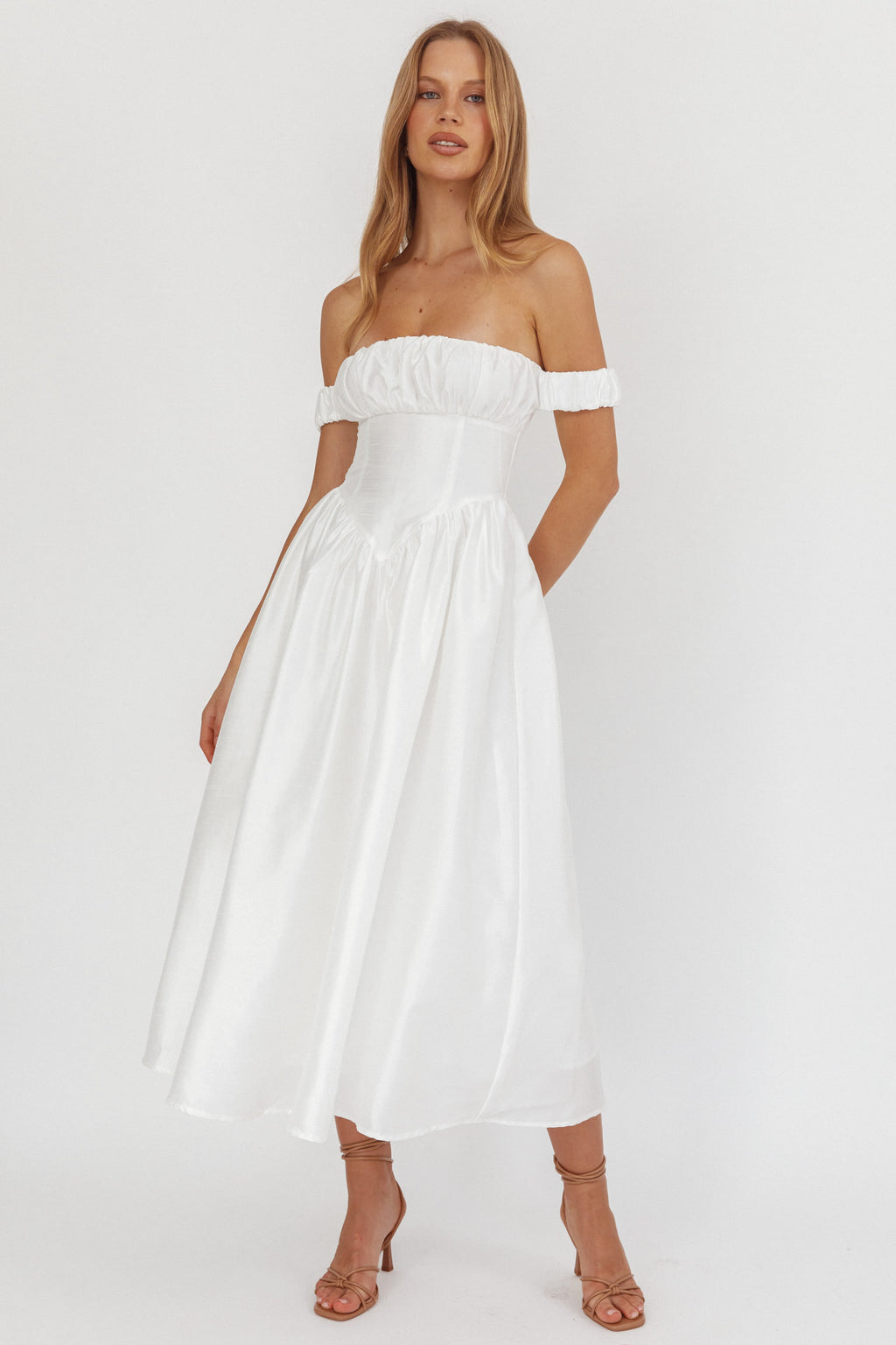 Heavens Above Off-Shoulder Basque Waist Midi Dress Ivory Heavens Above Off-Shoulder Basque Waist Midi Dress Ivory