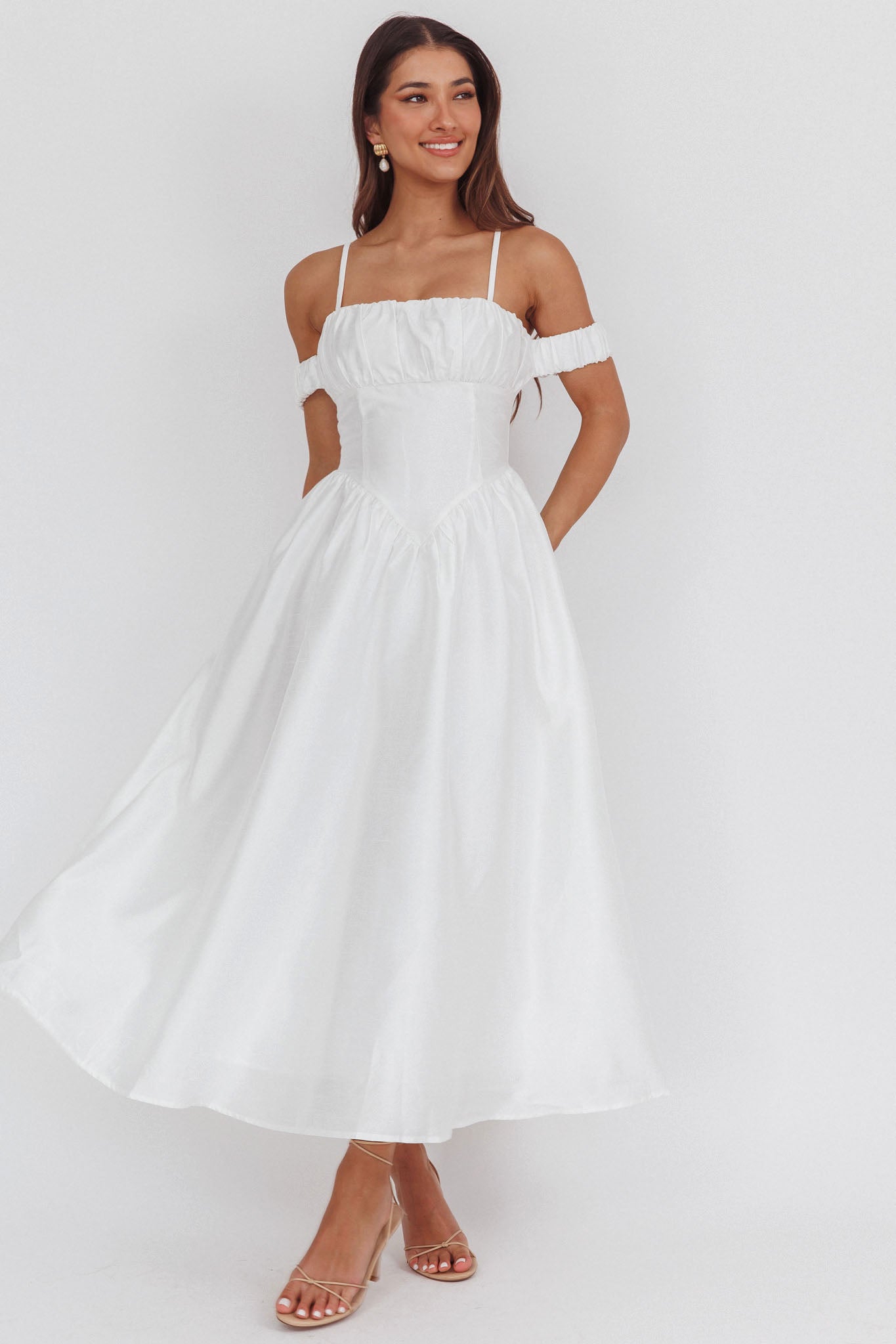Heavens Above Off-Shoulder Basque Waist Midi Dress Ivory by Selfie Leslie