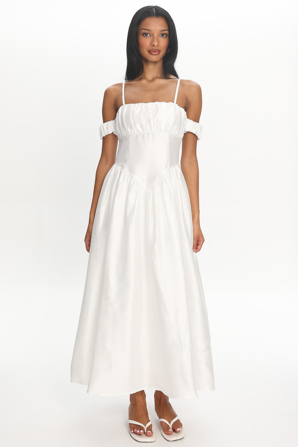 Heavens Above Off-Shoulder Basque Waist Midi Dress Ivory