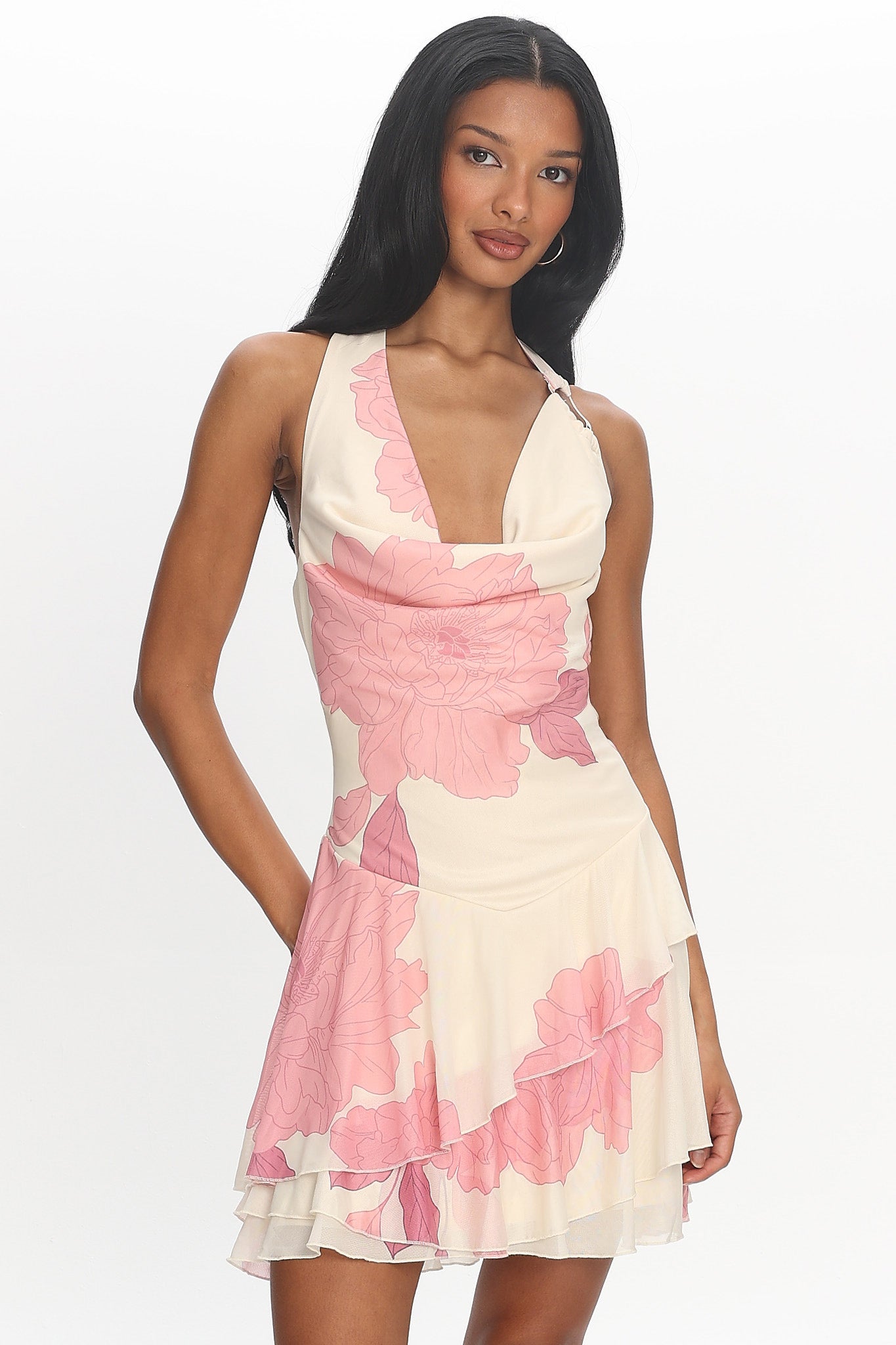 Sumi Cowl Ruffle Mini Dress Floral Blush | Selfie Leslie