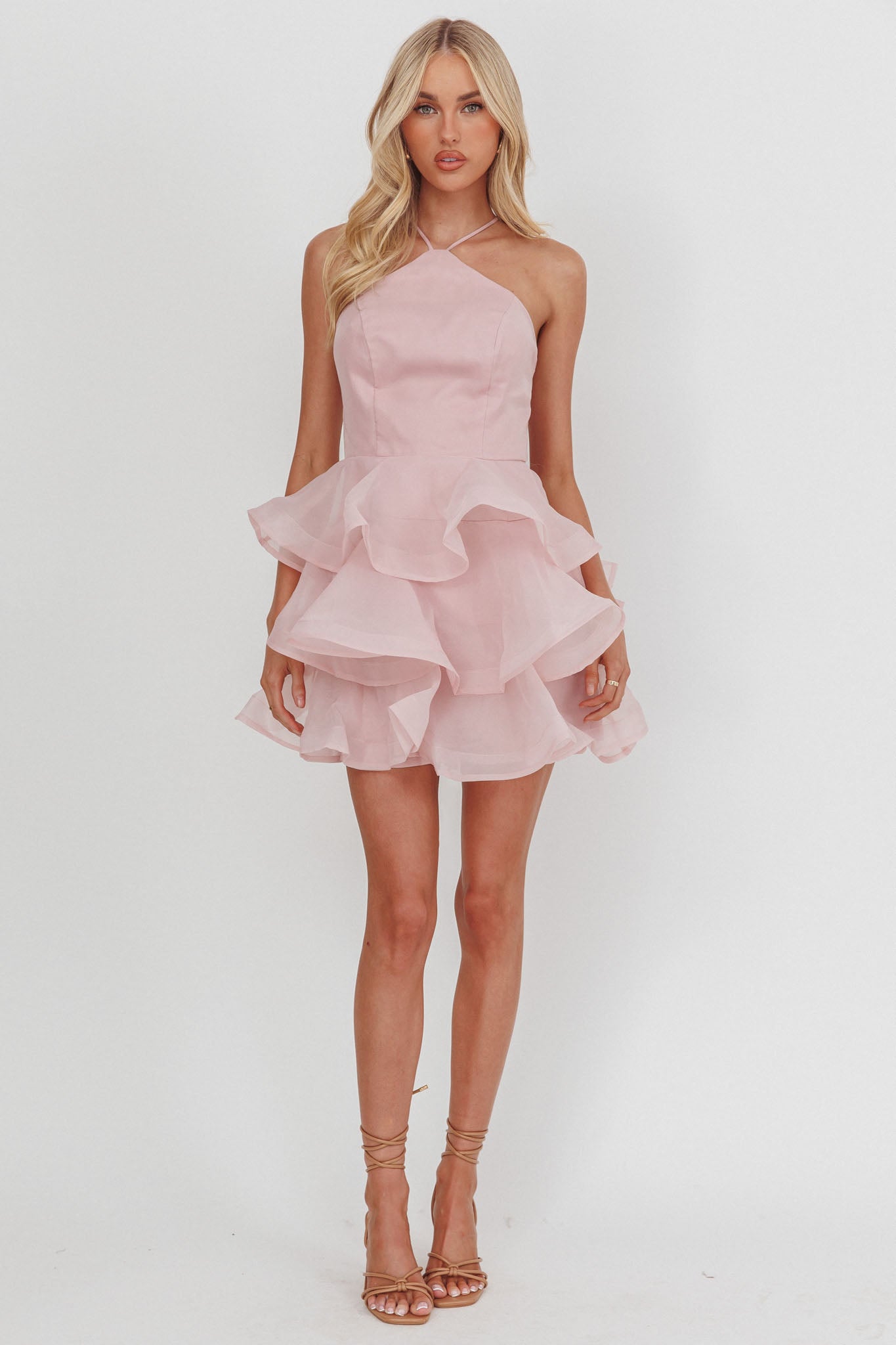 Kiera Layered Ruffle Strappy Mini Dress Pink by Selfie Leslie