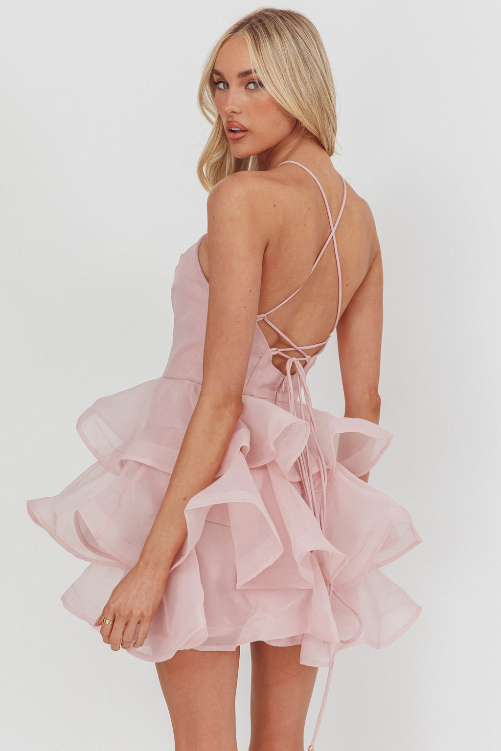 Kiera Layered Ruffle Strappy Mini Dress Pink by Selfie Leslie