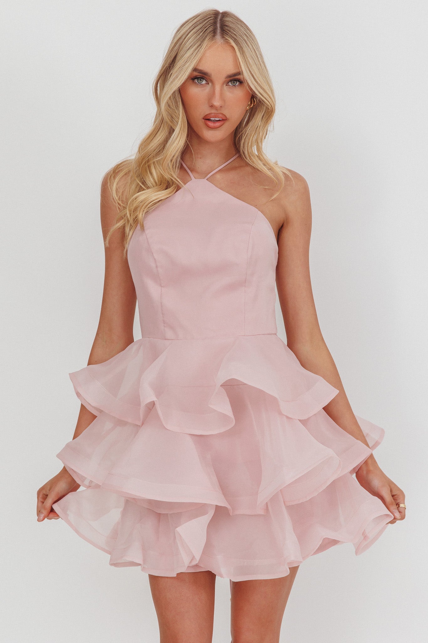Kiera Layered Ruffle Strappy Mini Dress Pink by Selfie Leslie