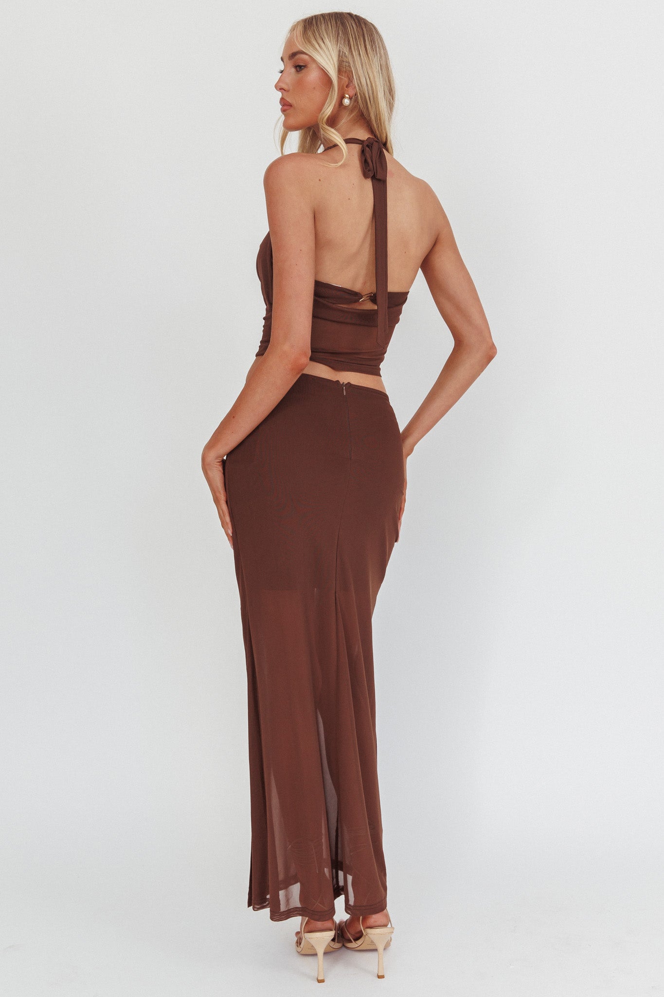 Shop the Paullina Gold Buckle Mesh Maxi Skirt Brown