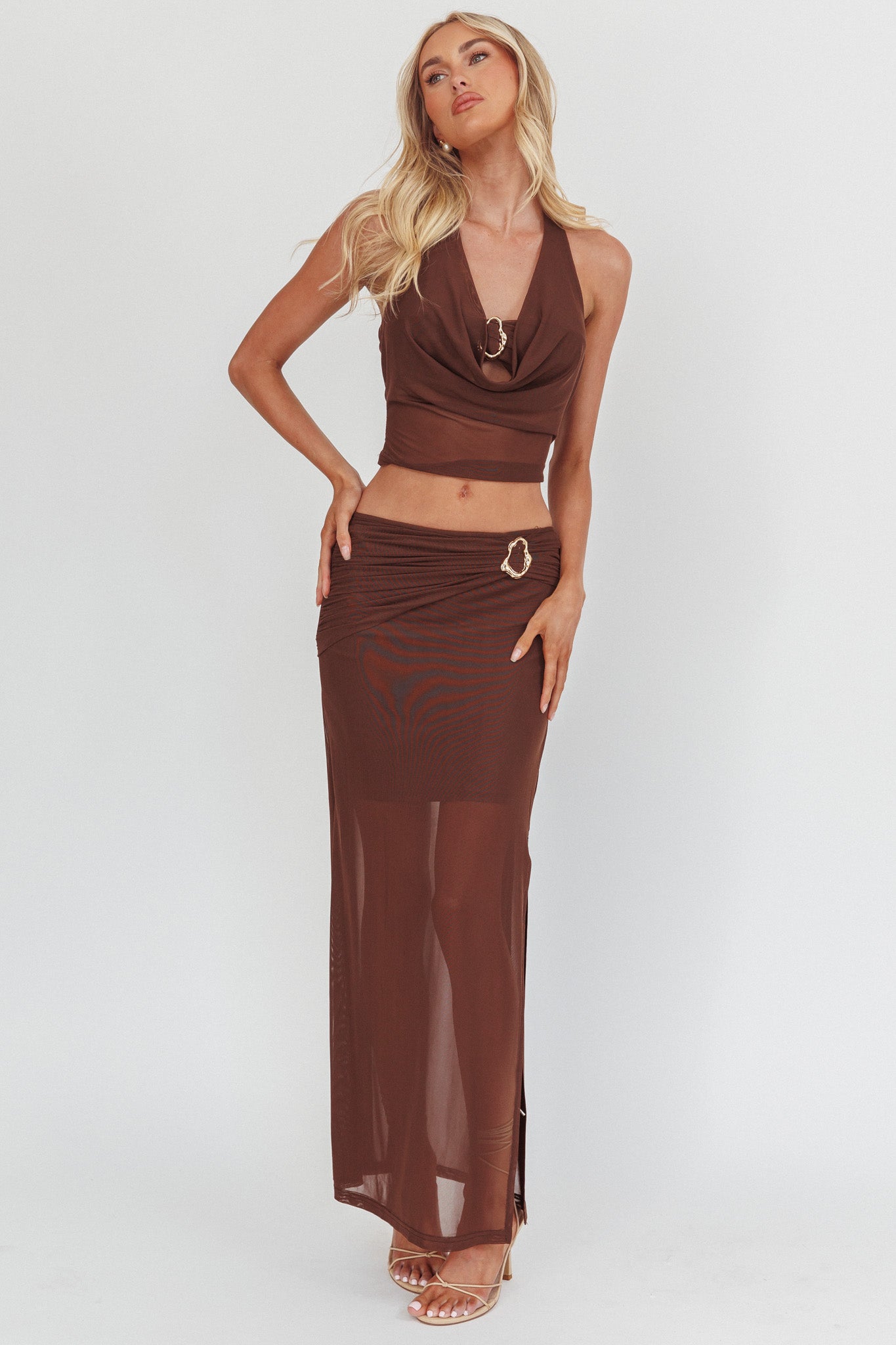 Paullina Gold Buckle Mesh Maxi Skirt Brown– Selfie Leslie
