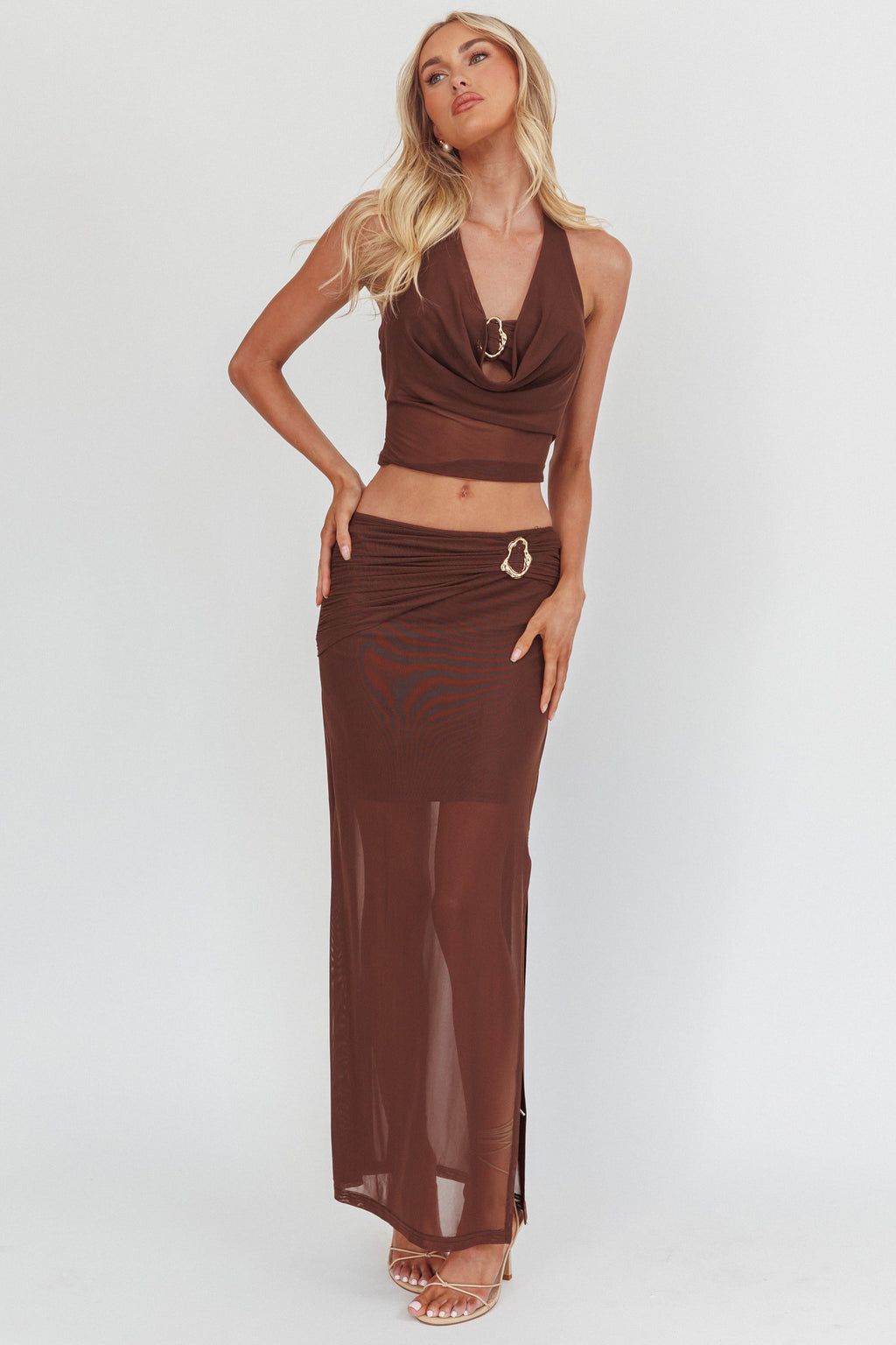 Paullina Gold Buckle Mesh Maxi Skirt Brown by Selfie Leslie