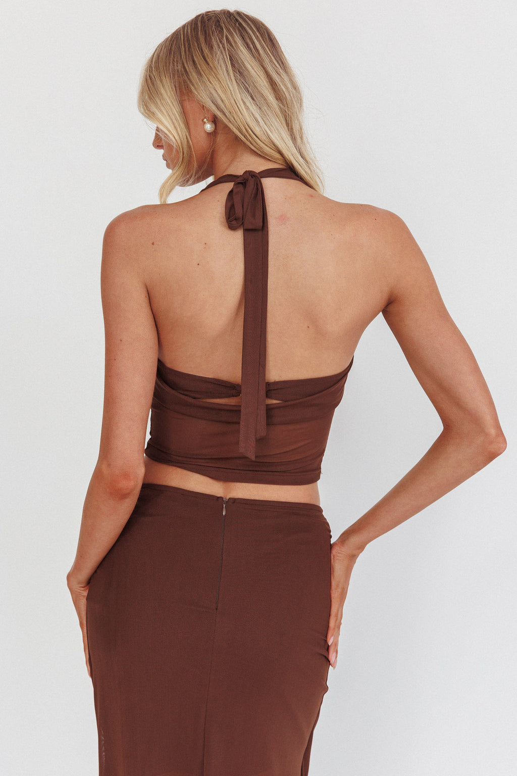Paullina Cowl Halterneck Crop Top Brown by Selfie Leslie