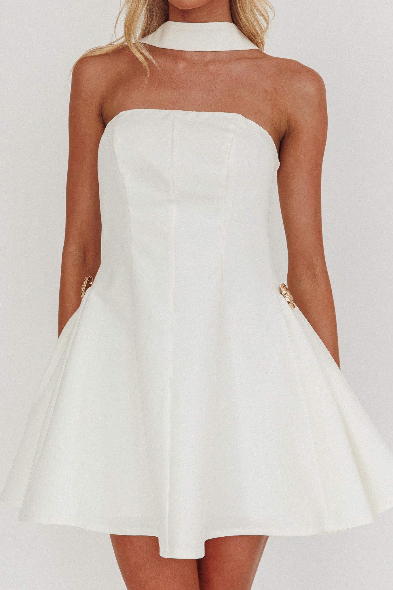 Annora Strapless Gold Button Mini Dress White Annora Strapless Gold Button Mini Dress White