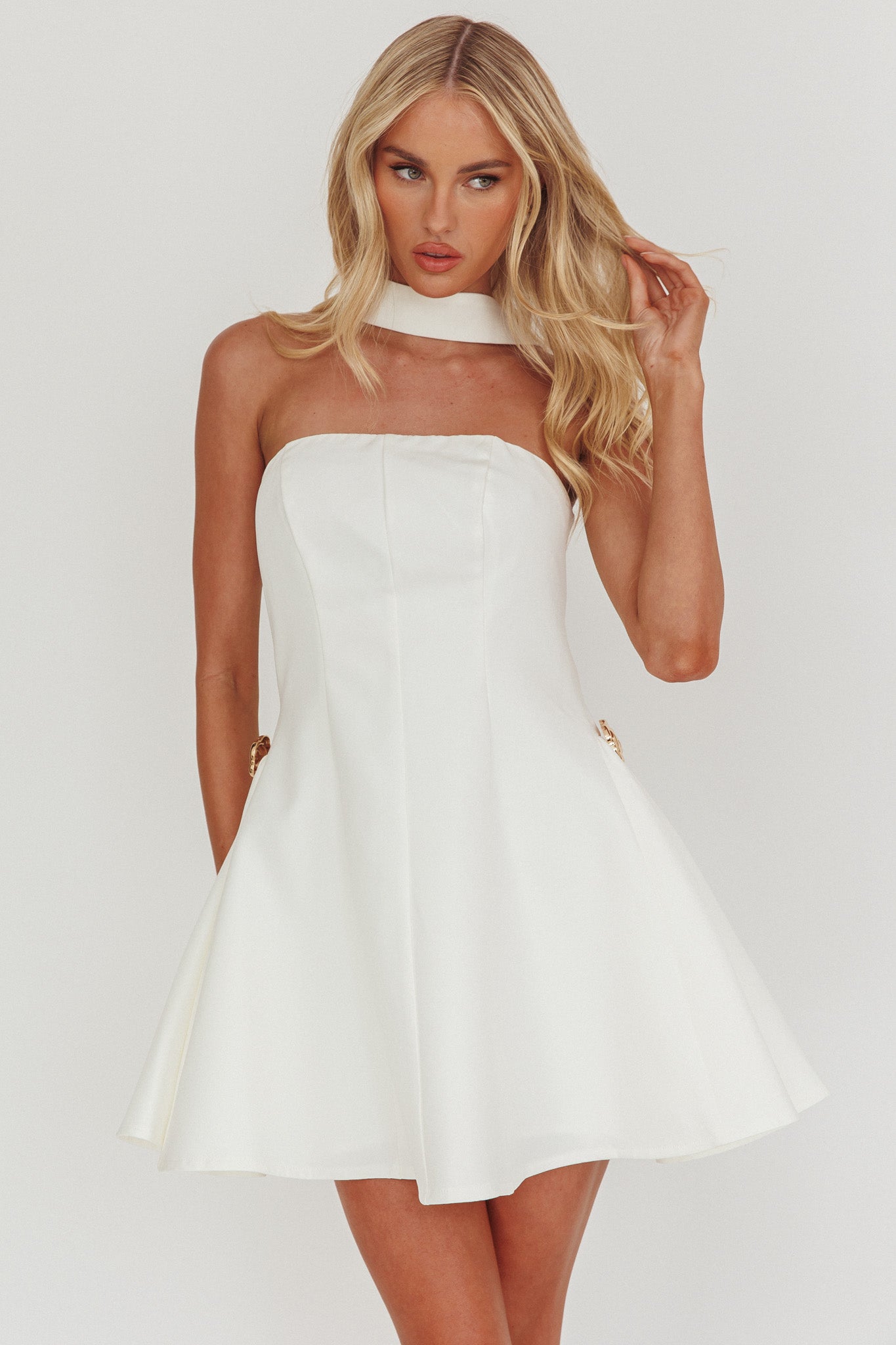 Annora Strapless Gold Button Mini Dress White | Selfie Leslie Annora Strapless Gold Button Mini Dress White | Selfie Leslie