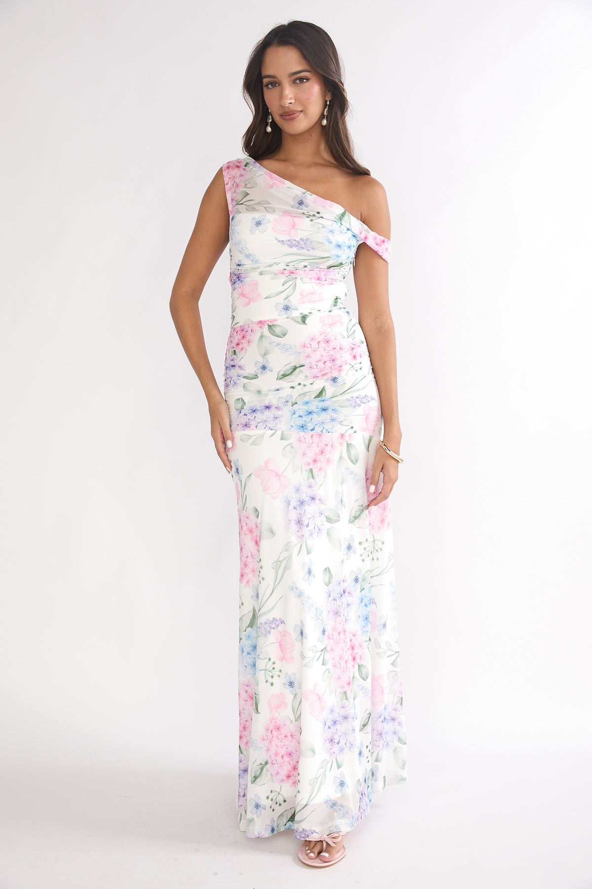 reinhart floral asymmetrical mesh dress white Lylah Asymmetric Neckline Maxi Blue Color:Tropical Landscape Halter neckline deco fringe gown Free People Holland Stretch