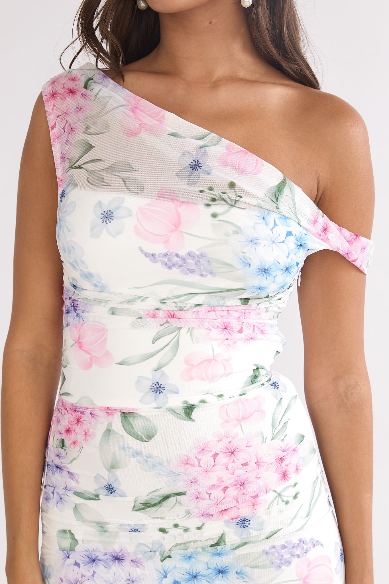 Lylah Asymmetric Neckline Mesh Maxi Dress Floral Blue - XS Lylah Asymmetric Neckline Mesh Maxi Dress Floral Blue - XS