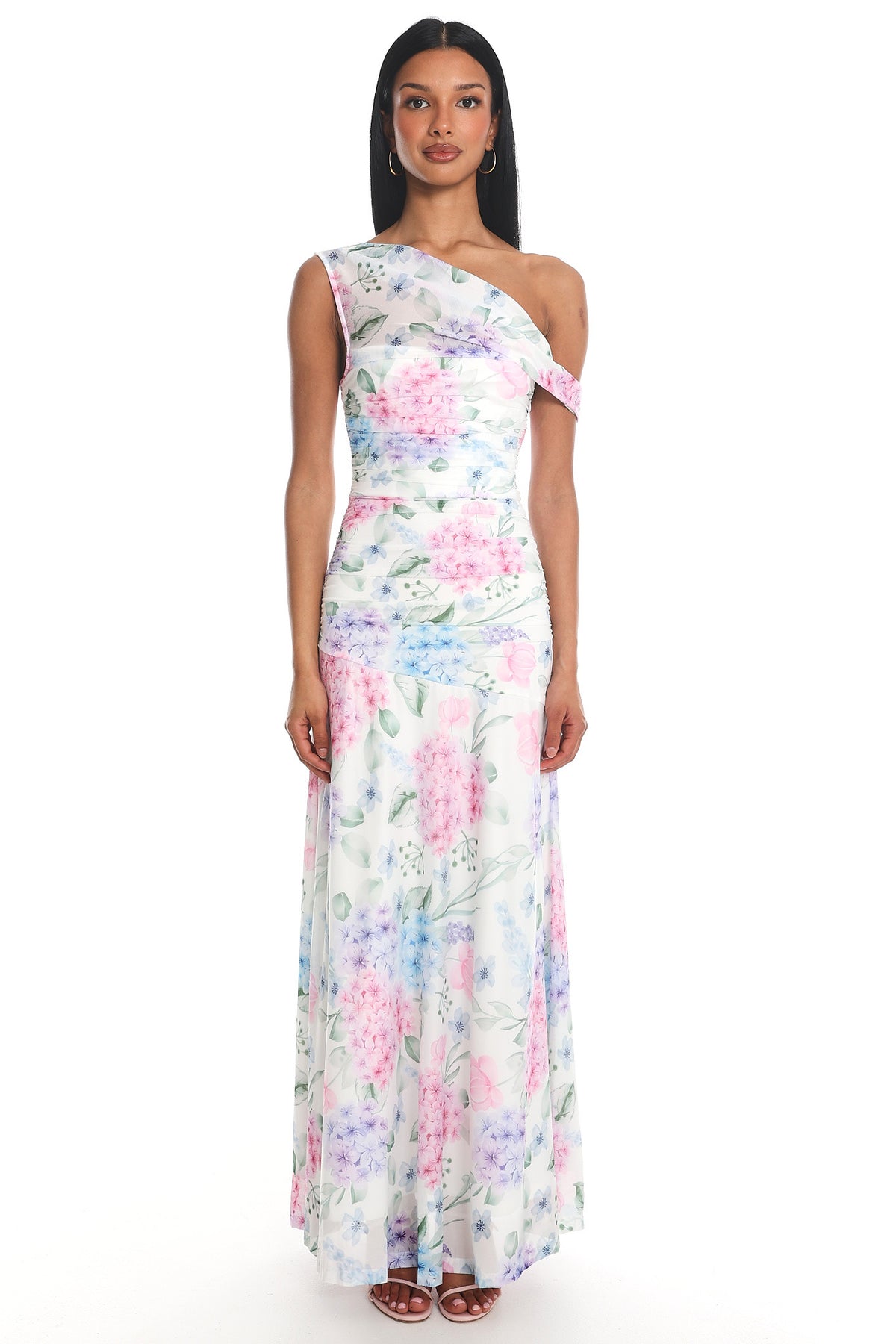 Lylah Asymmetric Neckline Mesh Maxi Dress Floral Blue by Selfie Leslie