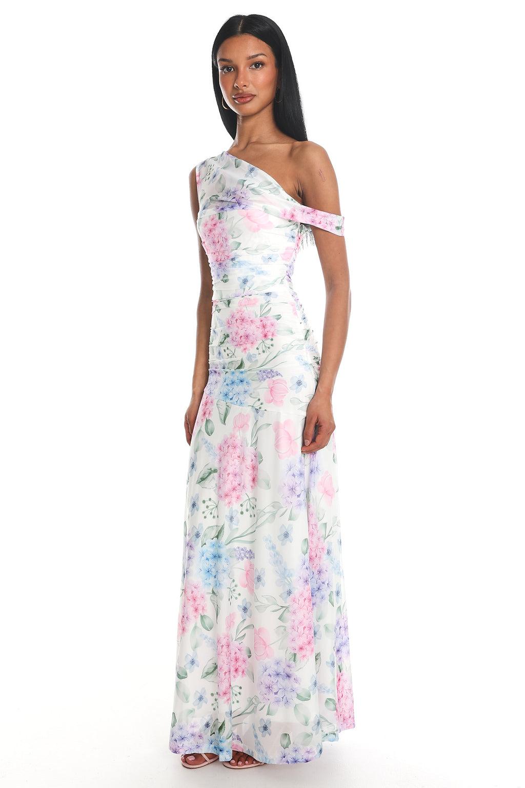 Lylah Asymmetric Neckline Mesh Maxi Dress Floral Blue by Selfie Leslie