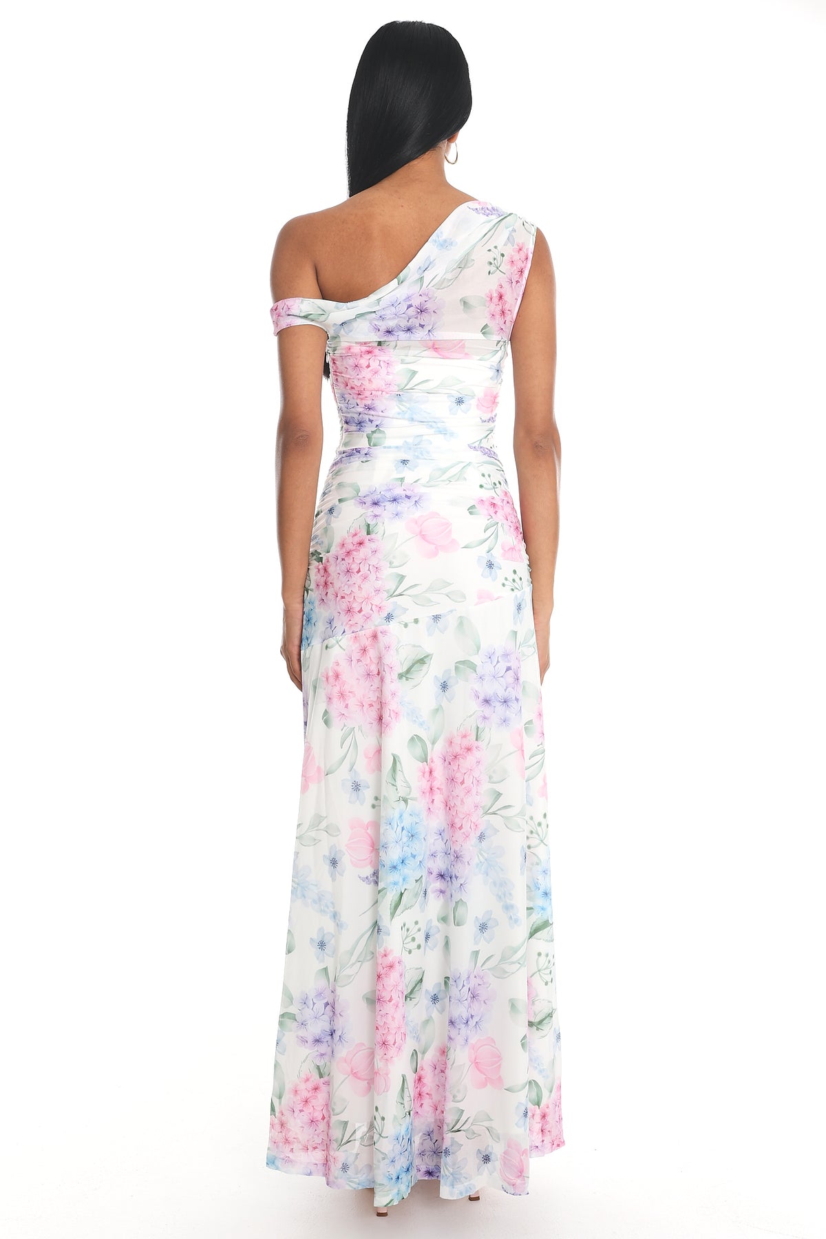 Lylah Asymmetric Neckline Mesh Maxi Dress Floral Blue by Selfie Leslie
