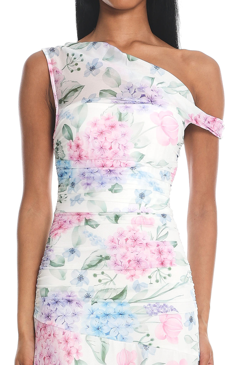 Lylah Asymmetric Neckline Mesh Maxi Dress Floral Blue by Selfie Leslie