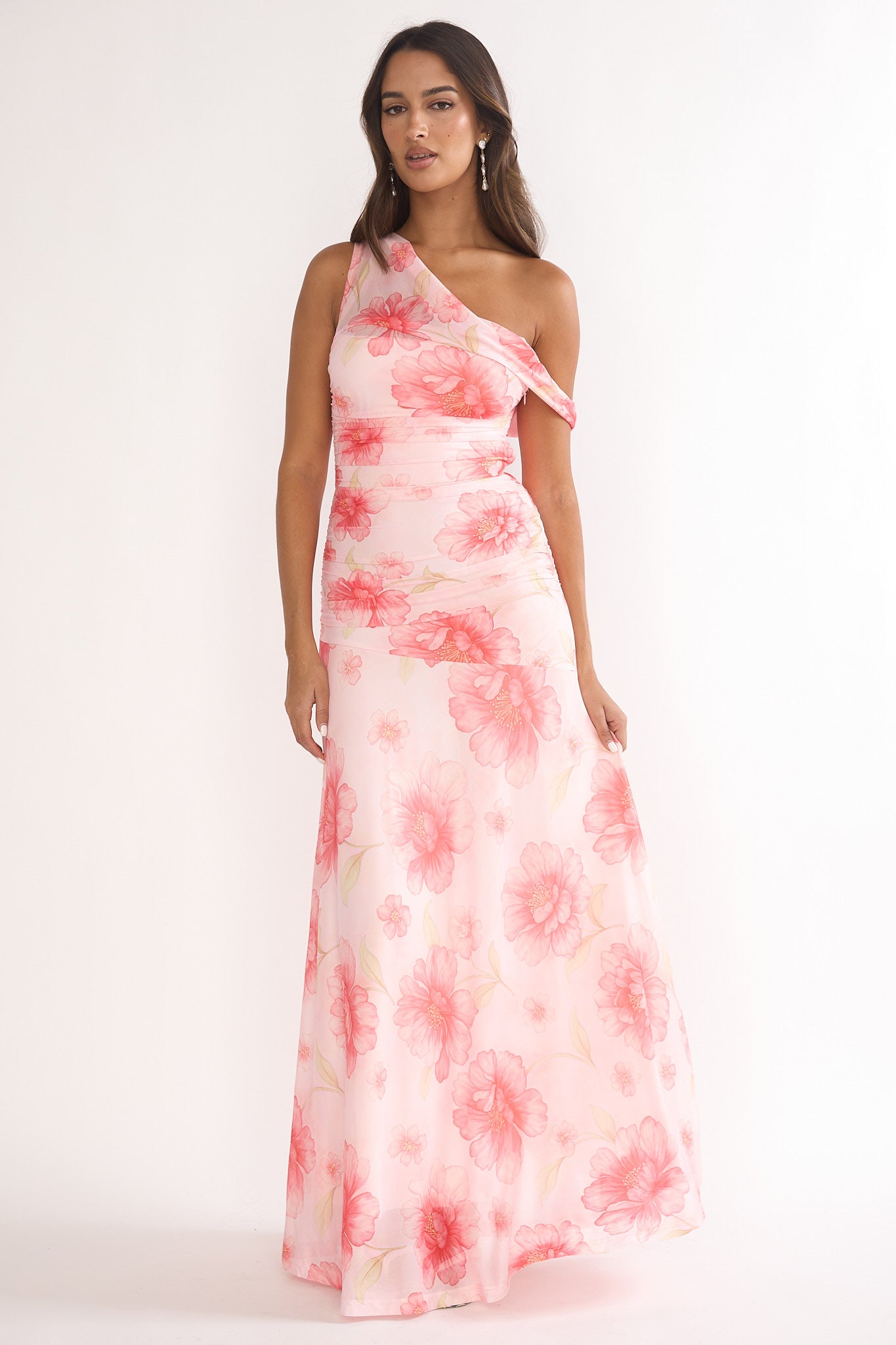 Lylah Asymmetric Neckline Mesh Maxi Dress Floral Pink
