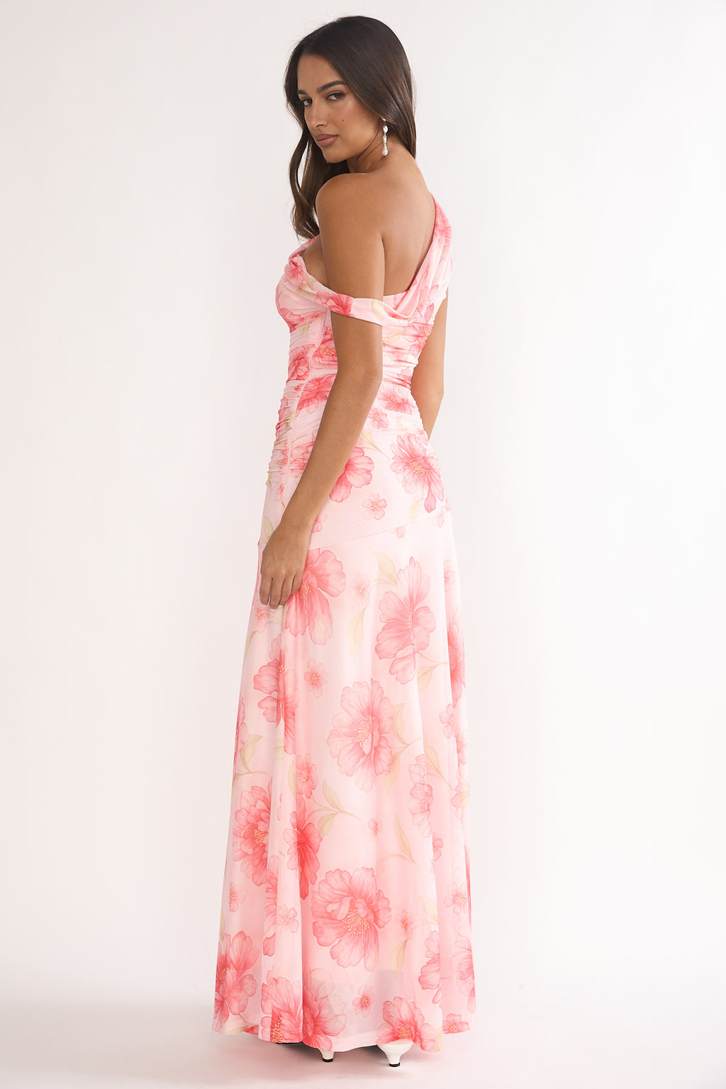 Lylah Asymmetric Neckline Mesh Maxi Dress Floral Pink