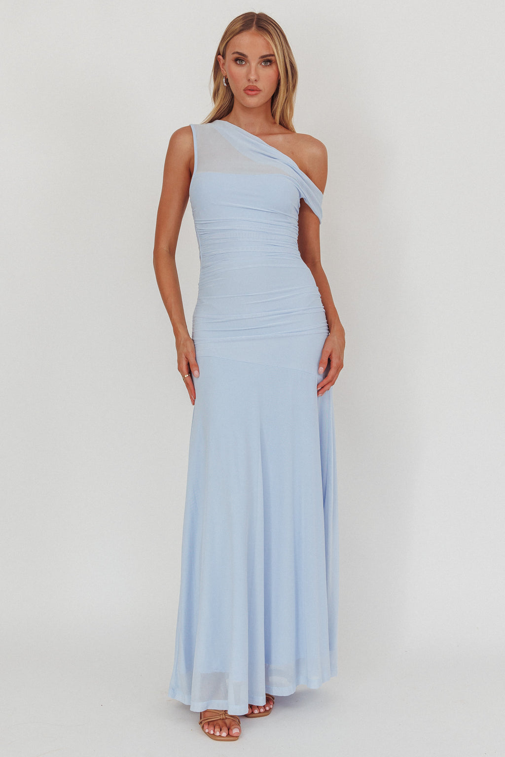 Lylah Asymmetric Neckline Mesh Maxi Dress Ice Blue by Selfie Leslie