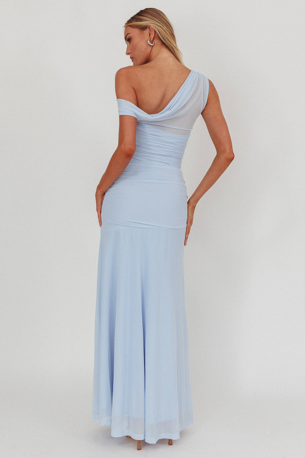 Lylah Asymmetric Neckline Mesh Maxi Dress Ice Blue by Selfie Leslie