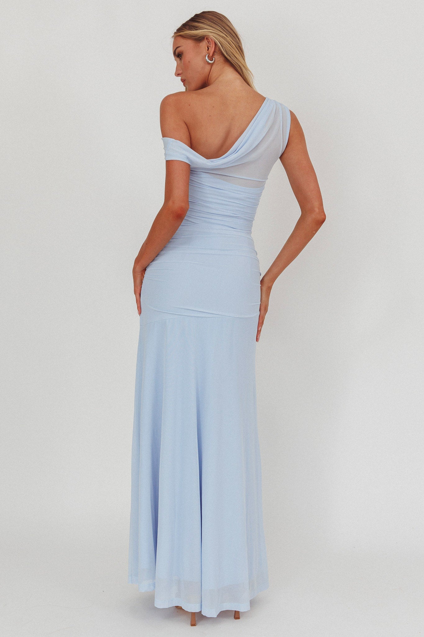 Lylah Asymmetric Neckline Mesh Maxi Dress Ice Blue by Selfie Leslie