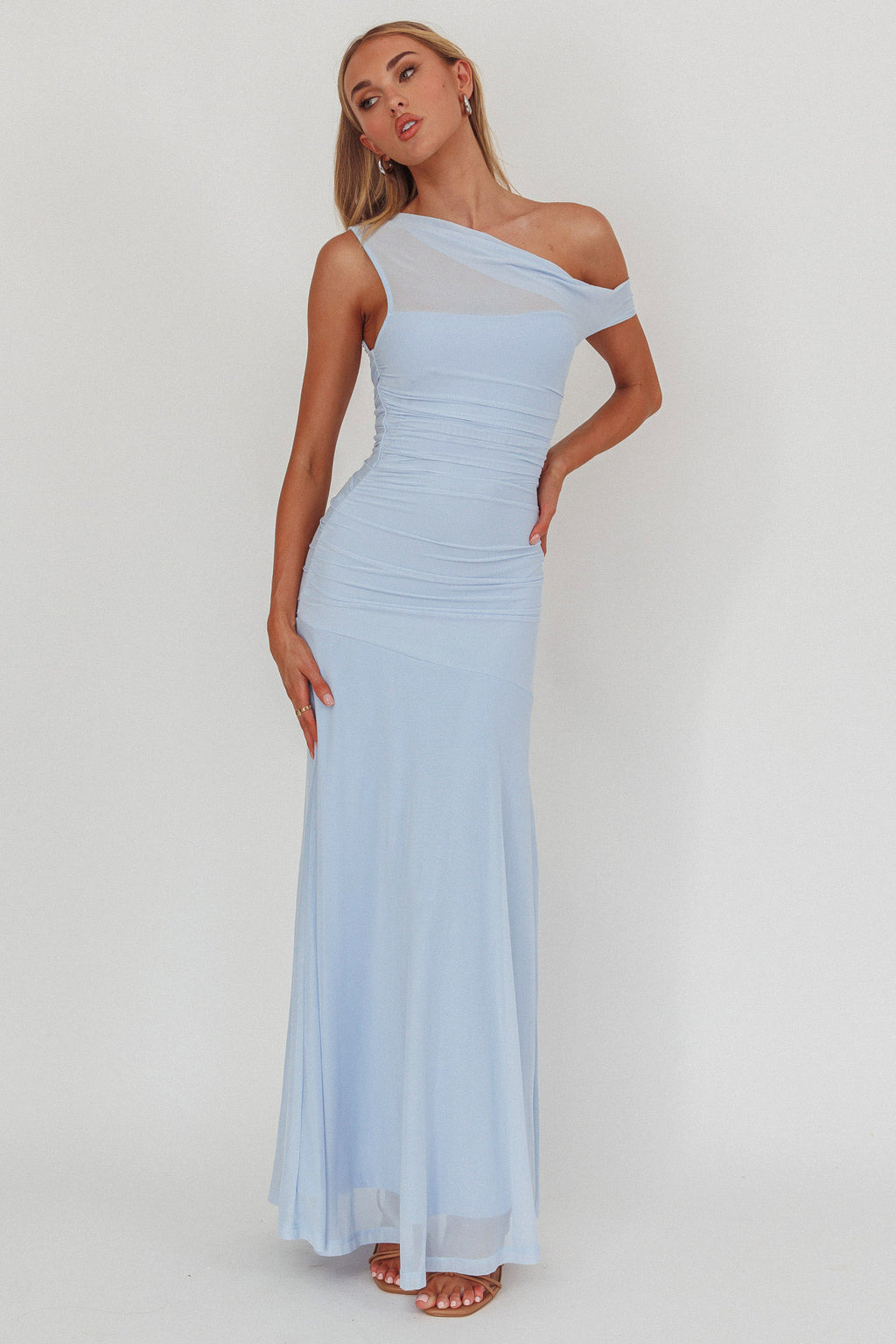 Lylah Asymmetric Neckline Mesh Maxi Dress Ice Blue by Selfie Leslie