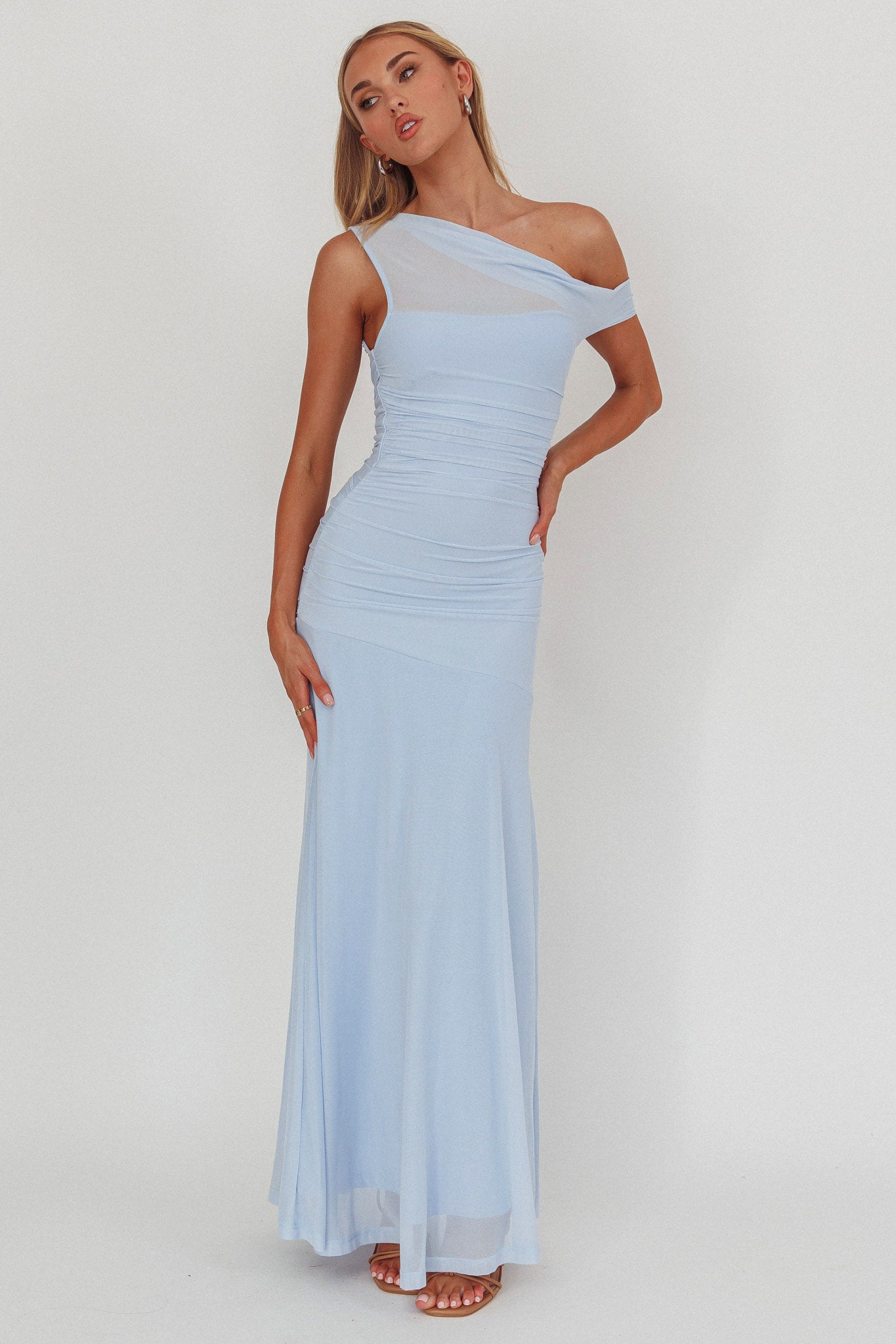 Lylah Asymmetric Neckline Mesh Maxi Dress Ice Blue by Selfie Leslie