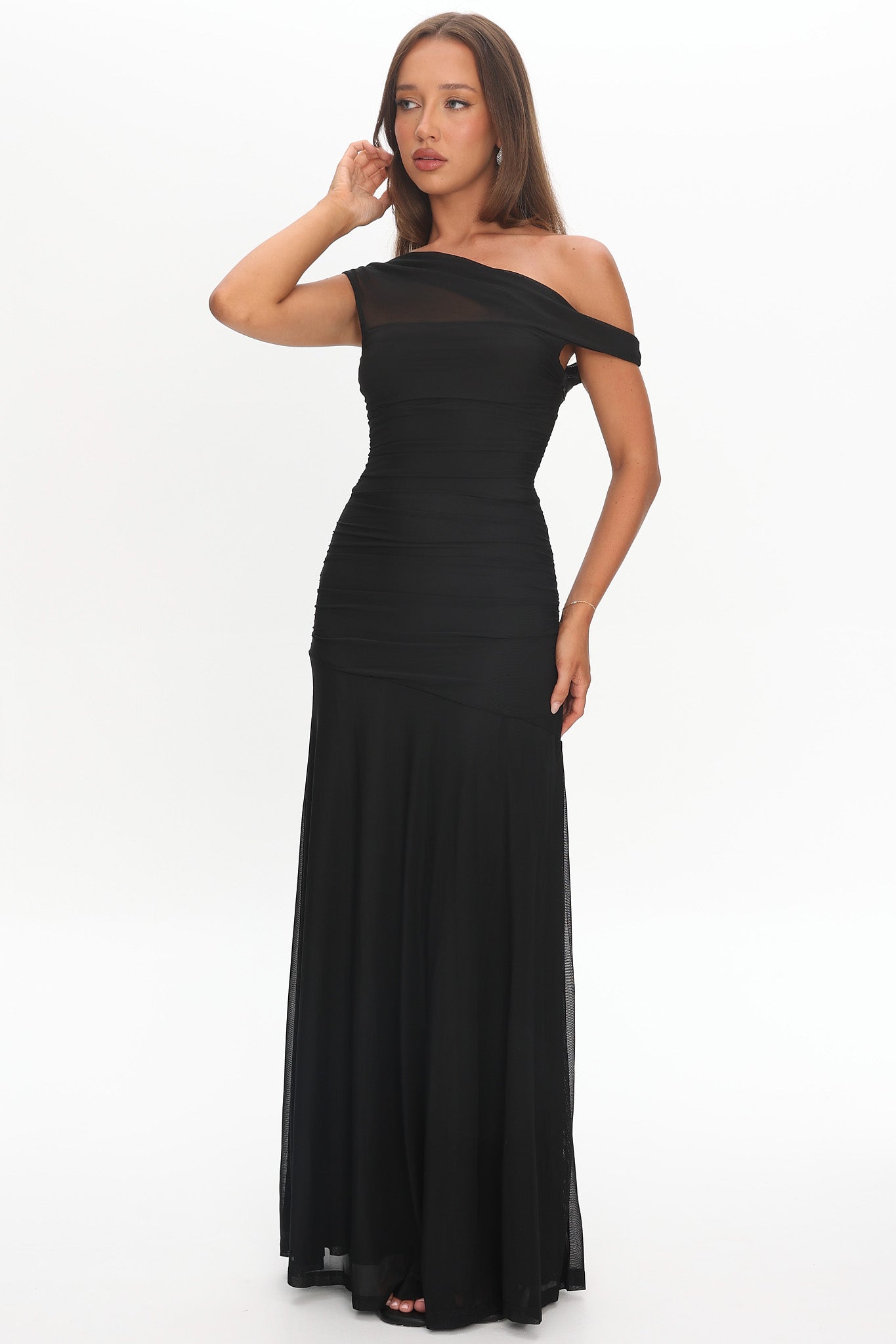 Lylah Asymmetric Neckline Mesh Maxi Dress Black by Selfie Leslie