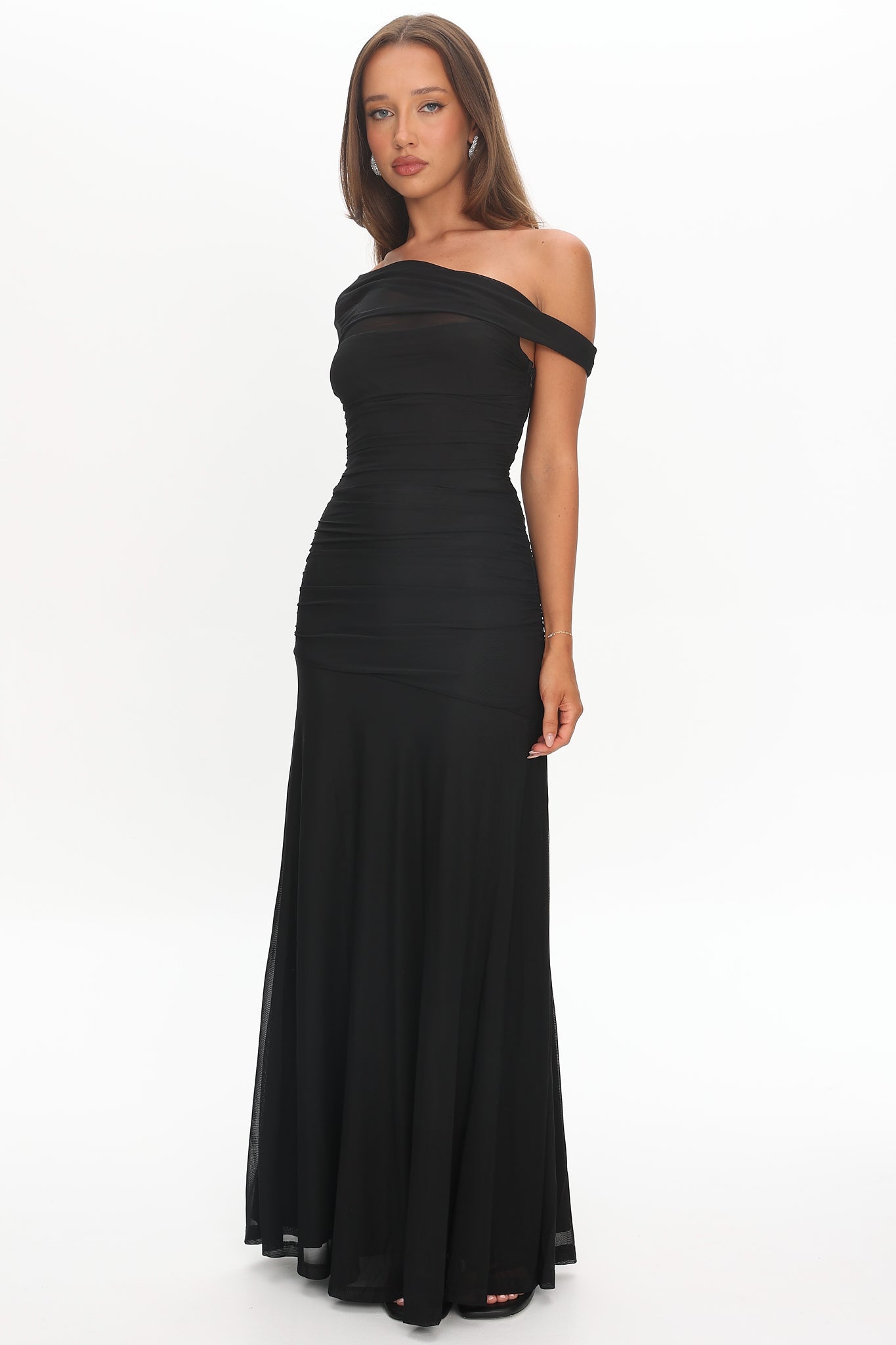 Lylah Asymmetric Neckline Mesh Maxi Dress Black | Selfie Leslie
