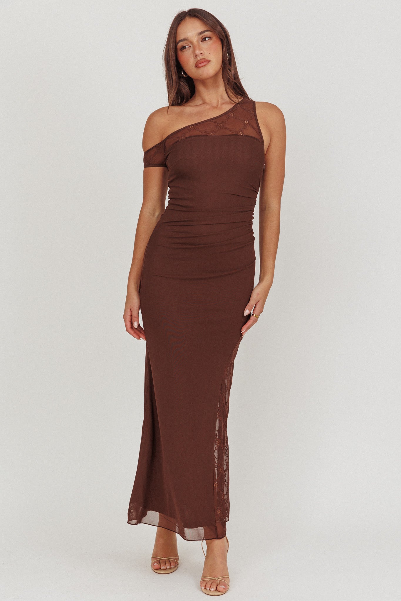 Sher One-Shoulder Lace Panel Maxi Dress Chocolate by Selfie Leslie