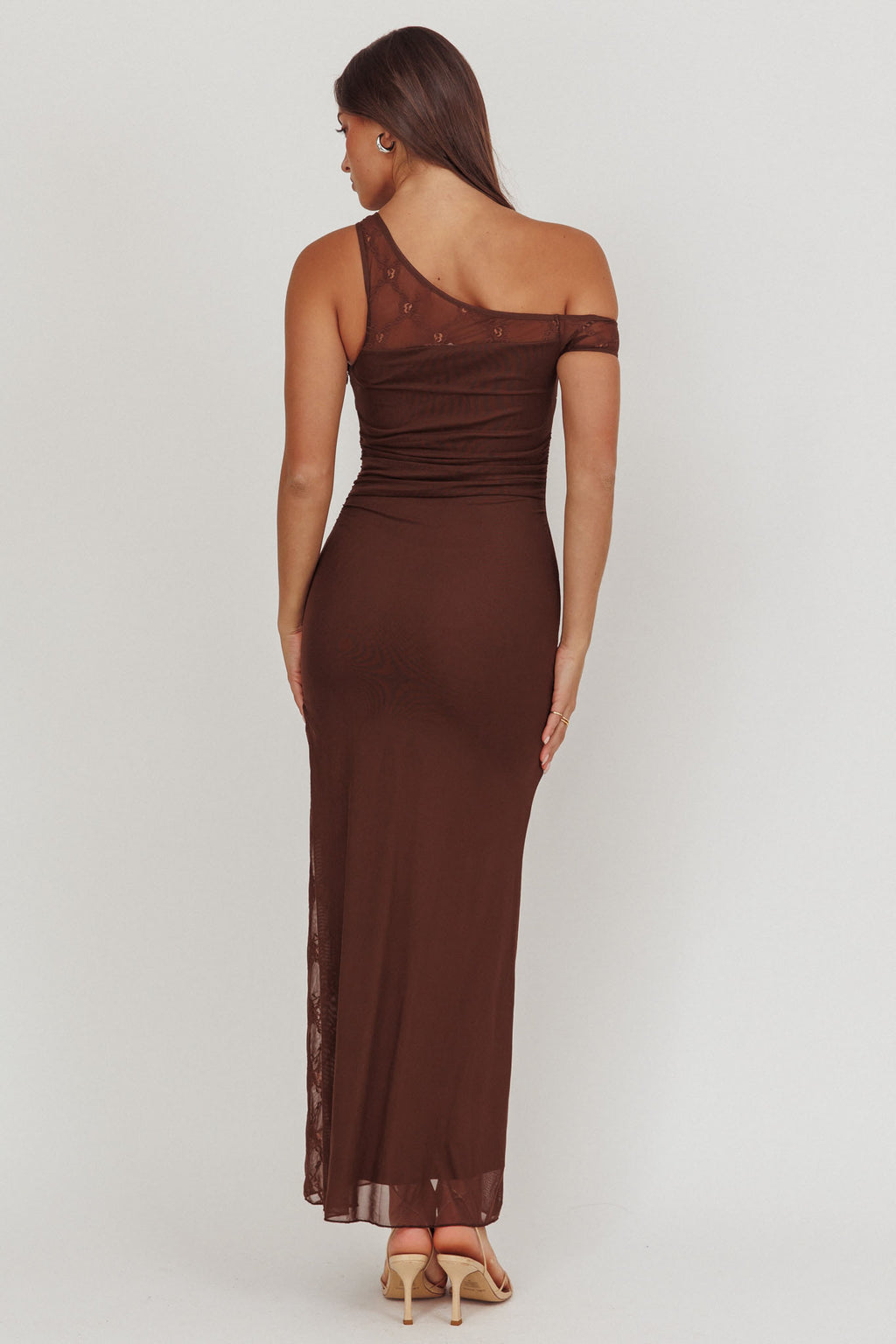 Sher One-Shoulder Lace Panel Maxi Dress Chocolate by Selfie Leslie