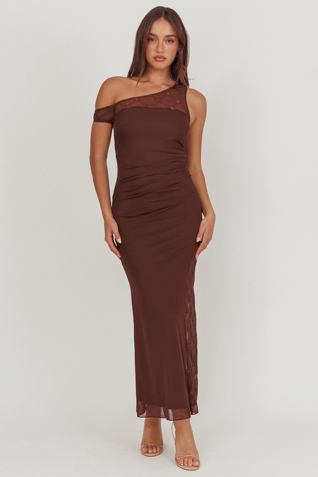 Sher One-Shoulder Lace Panel Maxi Dress Chocolate by Selfie Leslie