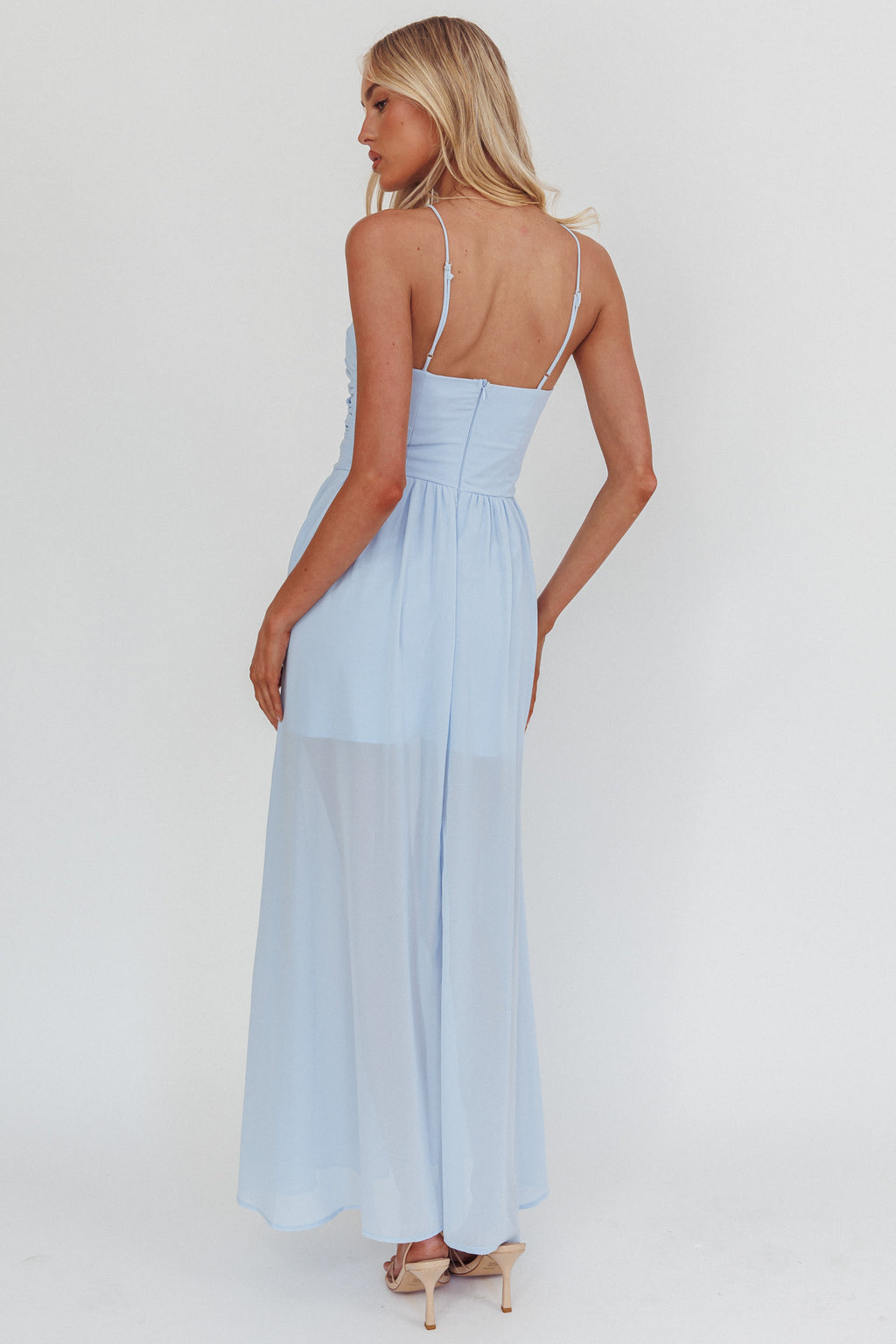 The Dreamers Ruched Basque Waist Maxi Dress Blue by Selfie Leslie