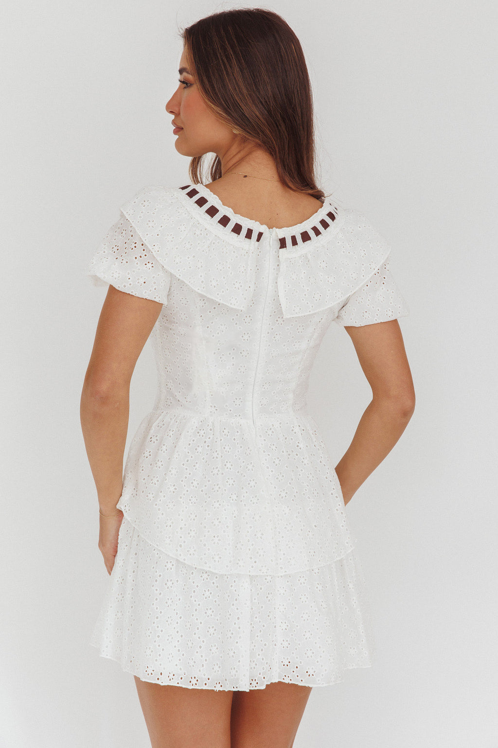 Rayelle Puff Sleeve Ruffle Eyelet Embroidery Mini Dress White by Selfie Leslie