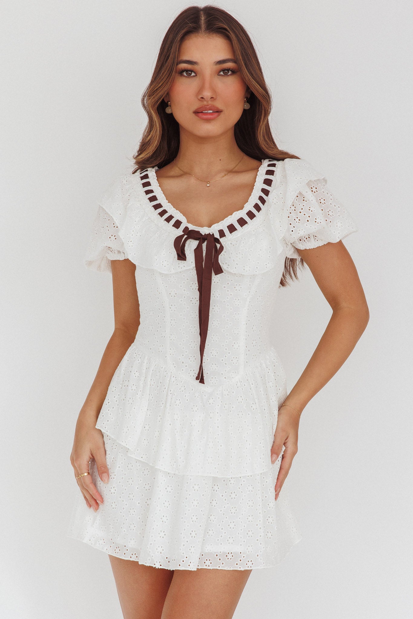 Rayelle Puff Sleeve Ruffle Eyelet Embroidery Mini Dress White by Selfie Leslie
